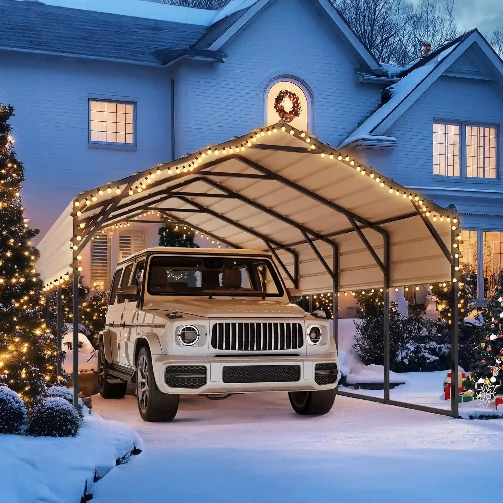 Heavy Duty Metal Roof Car Canopy - Black & White Waterproof Outdoor Shelter for Cars, Trucks, and RVs - Perfect for Parking, Camping, and Outdoor Events