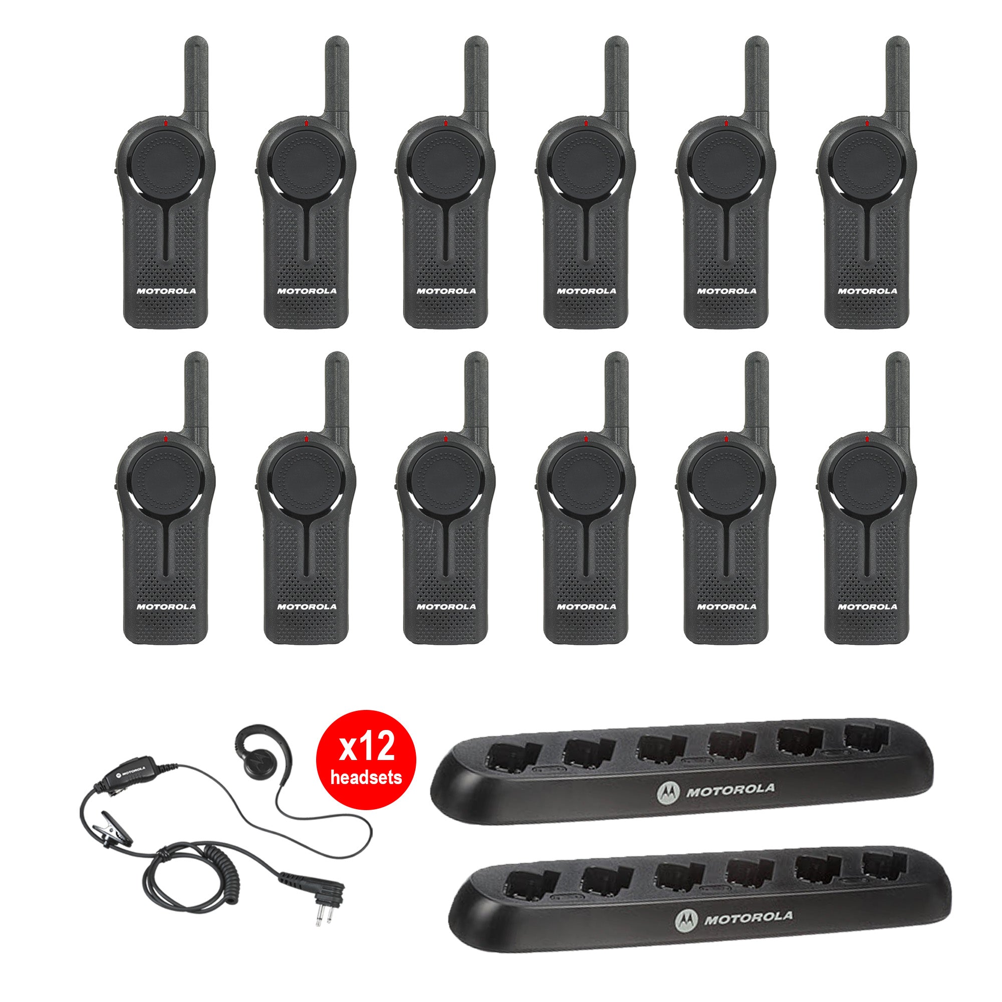 Motorola DLR1060 12-Pack Two-Way Radio Bundle with 2 Multi-Unit Chargers & 12 Headsets - Perfect for Construction, Warehouses, and Event Coordination