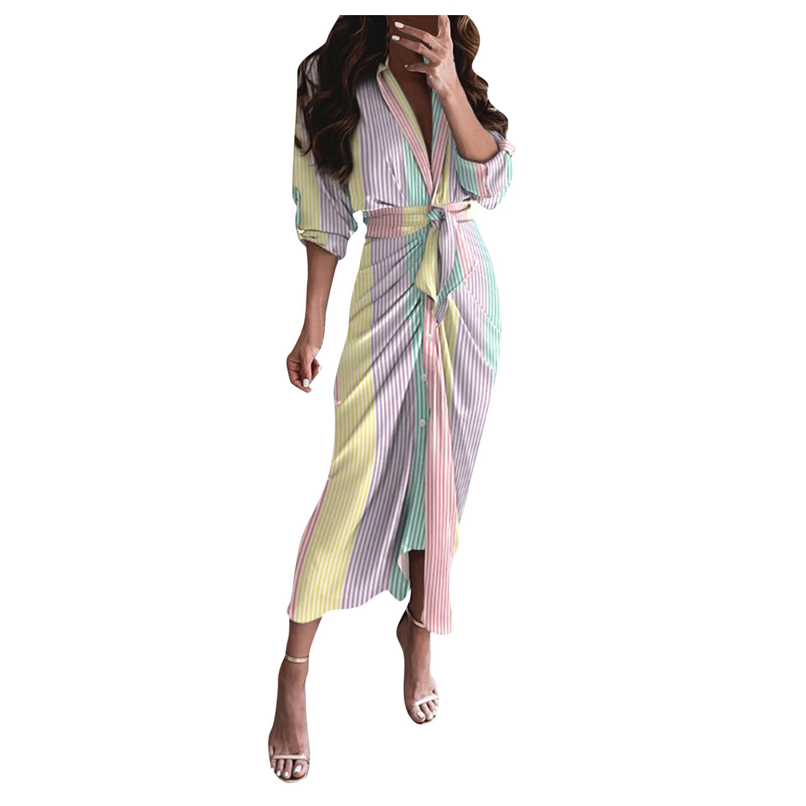 Women's Casual Belted Cardigan Dress with Print Sleeves - Satin Button-Down Waist Dress for Office, Date Night & Spring Outfits