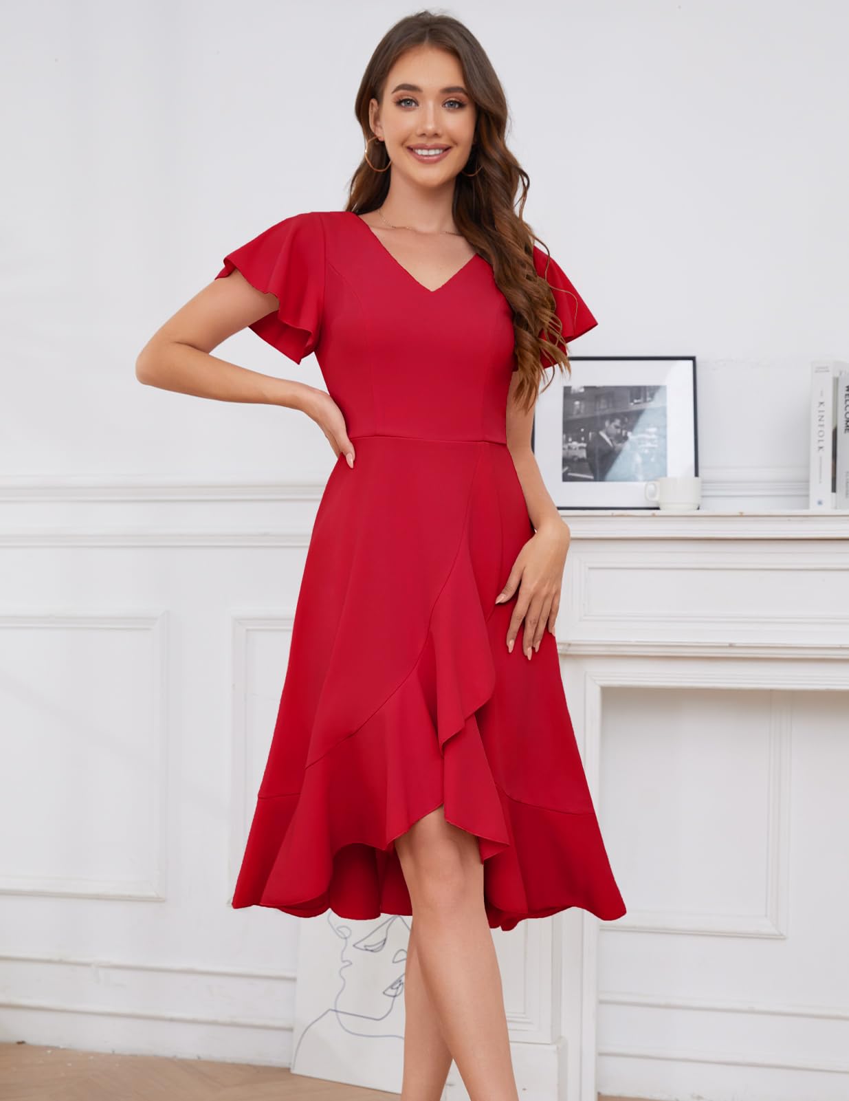 DRESSTELLS Women's Cocktail Dresses 2025 | Elegant V-Neck Formal Wedding Guest Dress with Ruffle Details | Vintage Inspired Prom Party Evening Gown for Bridal Shower, Anniversary & Special Occasions