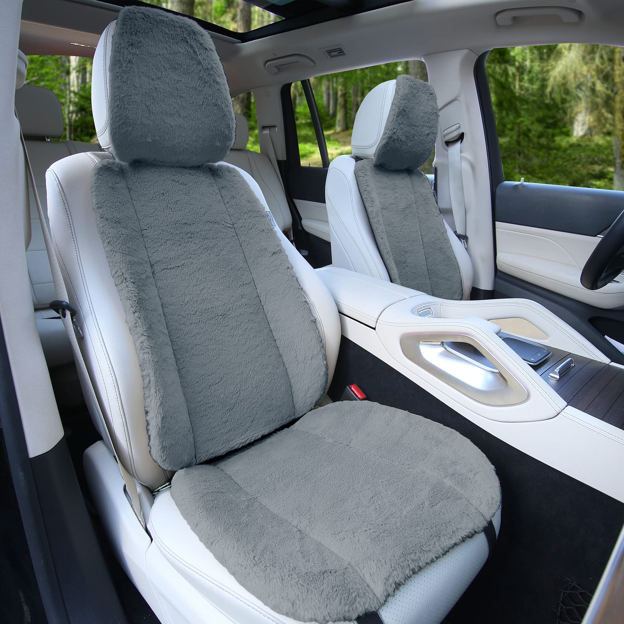 TLH Gray Doe16 Faux Rabbit Fur Car Seat Cushions - Ultra Soft & Warm for Most Cars, Trucks, SUVs & Vans - Perfect for Winter Commuting & Long Road Trips
