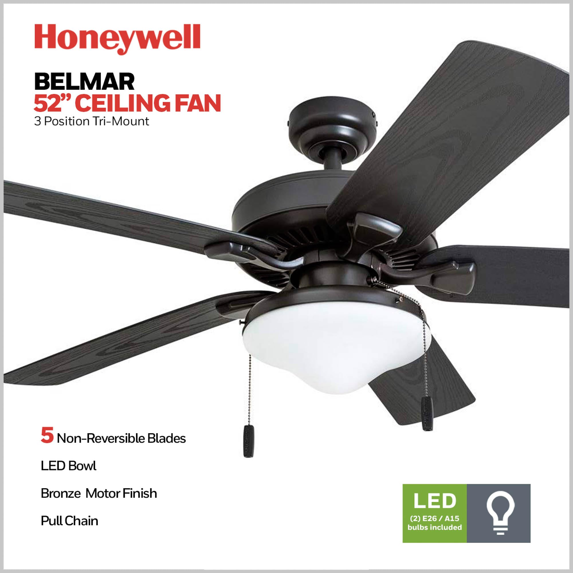 Honeywell Belmar 52 Inch Indoor/Outdoor Ceiling Fan with LED Light - 5 Blade Tri-Mount Design, Pull Chain Control, ETL Damp Rated, Bronze (50512-01) - Perfect for Living Rooms, Bedrooms, Patios and Covered Outdoor Spaces