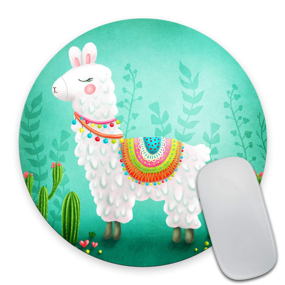 Cute Llama & Cactus Round Mouse Pad - 7.9 x 7.9 x 0.12 Inch Non-Slip Gaming Desk Mat for Computer, Laptop & Office - Soft Ergonomic Wrist Support for Work & Home Decor