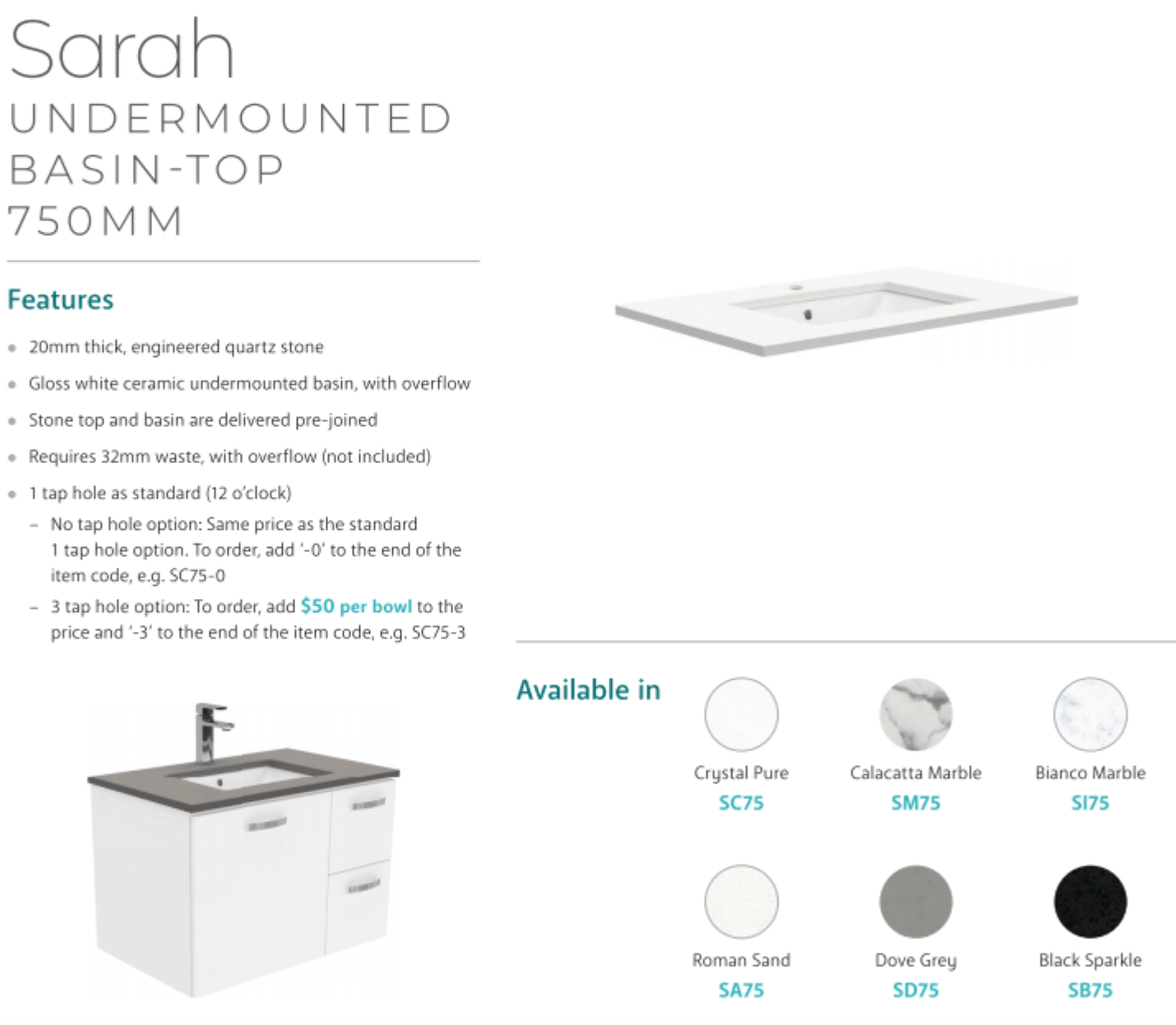 Fienza SM75ZL 750mm Matte Calacatta Marble Wall-Mounted Bathroom Vanity with Left Drawers & Finger Pull - Modern Space-Saving Design for Small Bathrooms, Powder Rooms & Master Suites