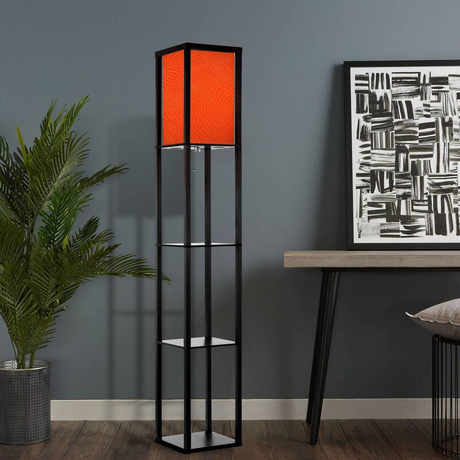 Modern LED Floor Lamp with Shelves & Linen Shade - Tall Corner Standing Lamp for Living Room, Bedroom, or Office - Stylish Lighting for Home Decor, Reading Nook & Cozy Ambiance