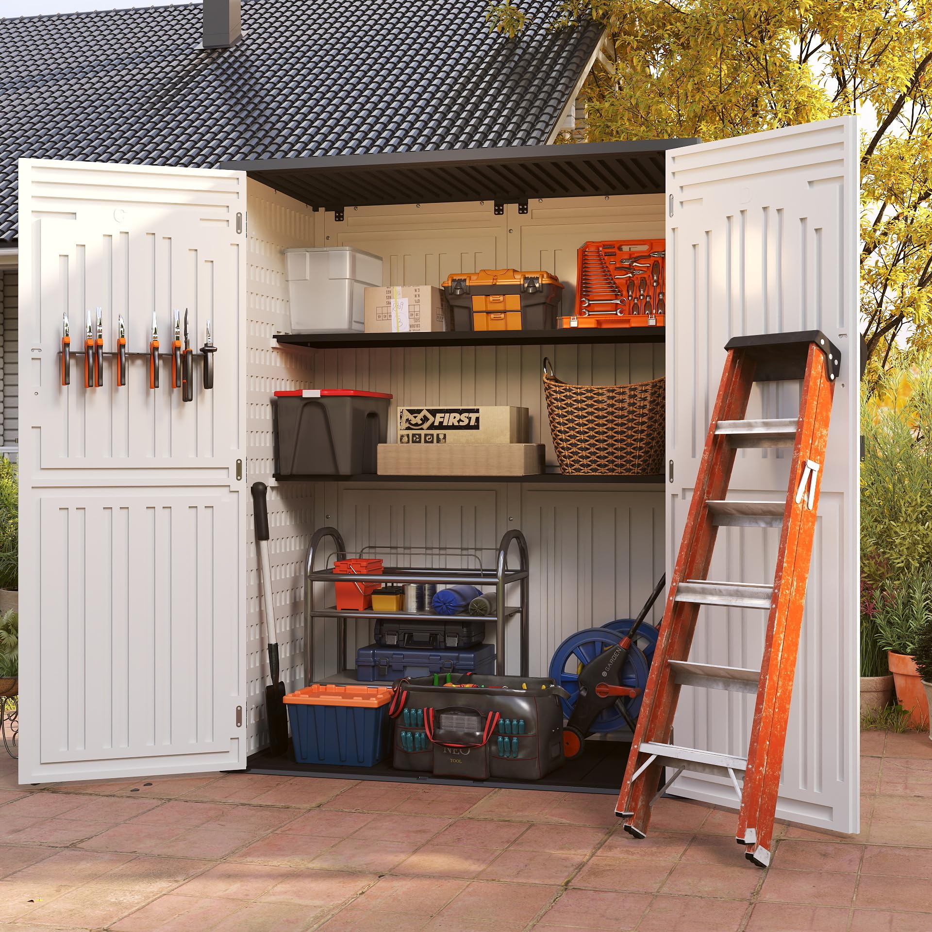 60 Cuft Vertical Resin Storage Shed | Waterproof Plastic Outdoor Garden Tool Cabinet (5.6 x 2.3 ft) | Perfect for Lawn Mower, Gardening Tools & Backyard Storage | Durable White Outdoor Shed for Patio, Garage & Yard Organization