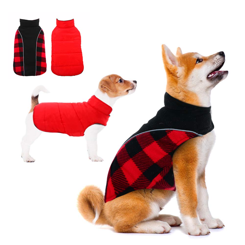 Reversible Dog Winter Coat - Waterproof & Windproof Plaid Vest for Small, Medium, Large Dogs | Adjustable Reflective High Collar Fleece Jacket for Cold Weather | Perfect for Hiking, Outdoor Adventures & Daily Walks in Winter