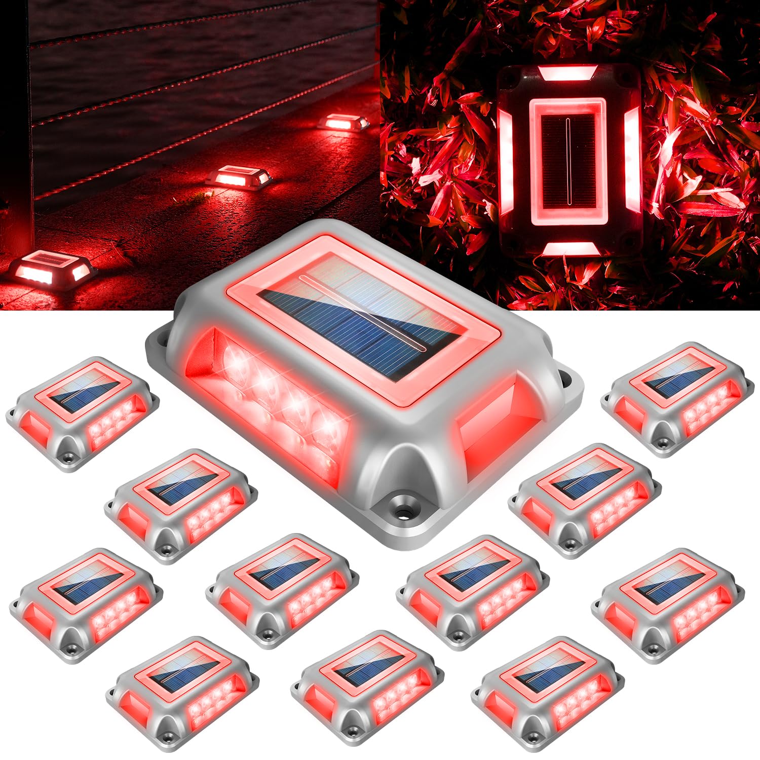 T-SUN Solar Deck Lights Outdoor 12 Pack - Waterproof Red LED Pathway Lights for Driveway, Garden, Walkway, Stairs, Dock & Marine Use - Perfect for Yard, Sidewalk and Landscape Lighting at Night