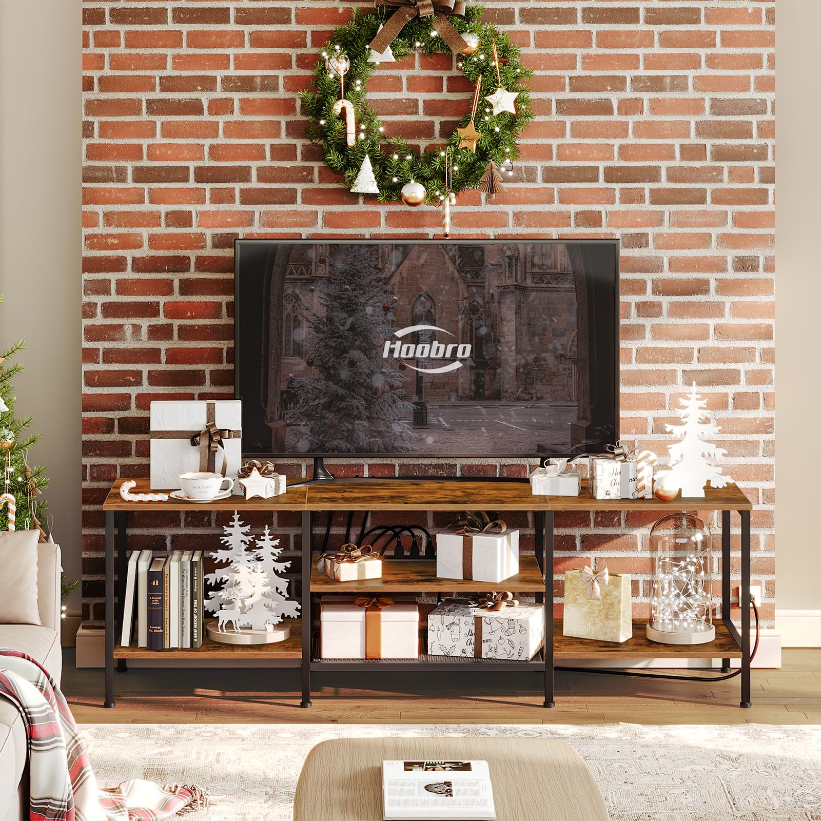 HOOBRO 75 Inch TV Stand with Power Outlets, Industrial TV Console Table with Open Storage Shelves & Cabinet, Rustic Brown and Black Media Entertainment Center - Perfect for Living Room, Bedroom, Home Theater Setup (Model BF80DS01)