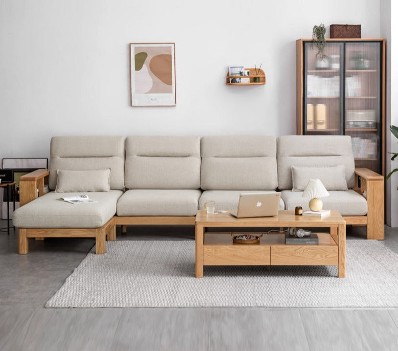 Premium Oak Solid Wood Sectional Sofa Set - Modern L-Shaped Couch with Storage for Living Room, Lounge & Family Room - Durable Hardwood Furniture for Home Decor