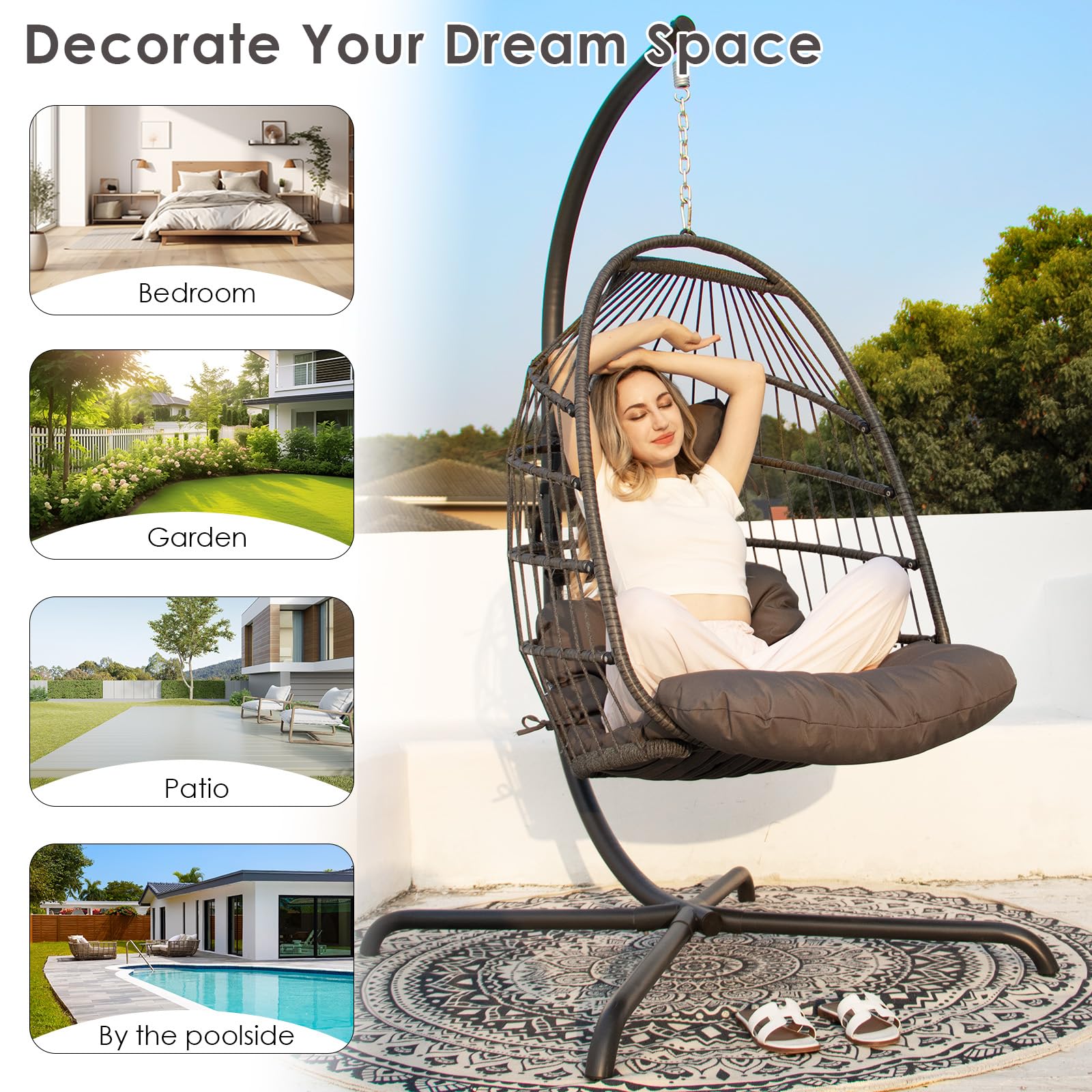 Hanging Egg Chair with Stand - Outdoor Swinging Chair with Water Resistant Cushions - Foldable Wicker Basket Chair for Patio, Garden, Balcony & Indoor Use - 350lb Weight Capacity (Dark Grey with Protective Cover) - Perfect for Relaxing, Reading & Lounging in Backyard or Sunroom
