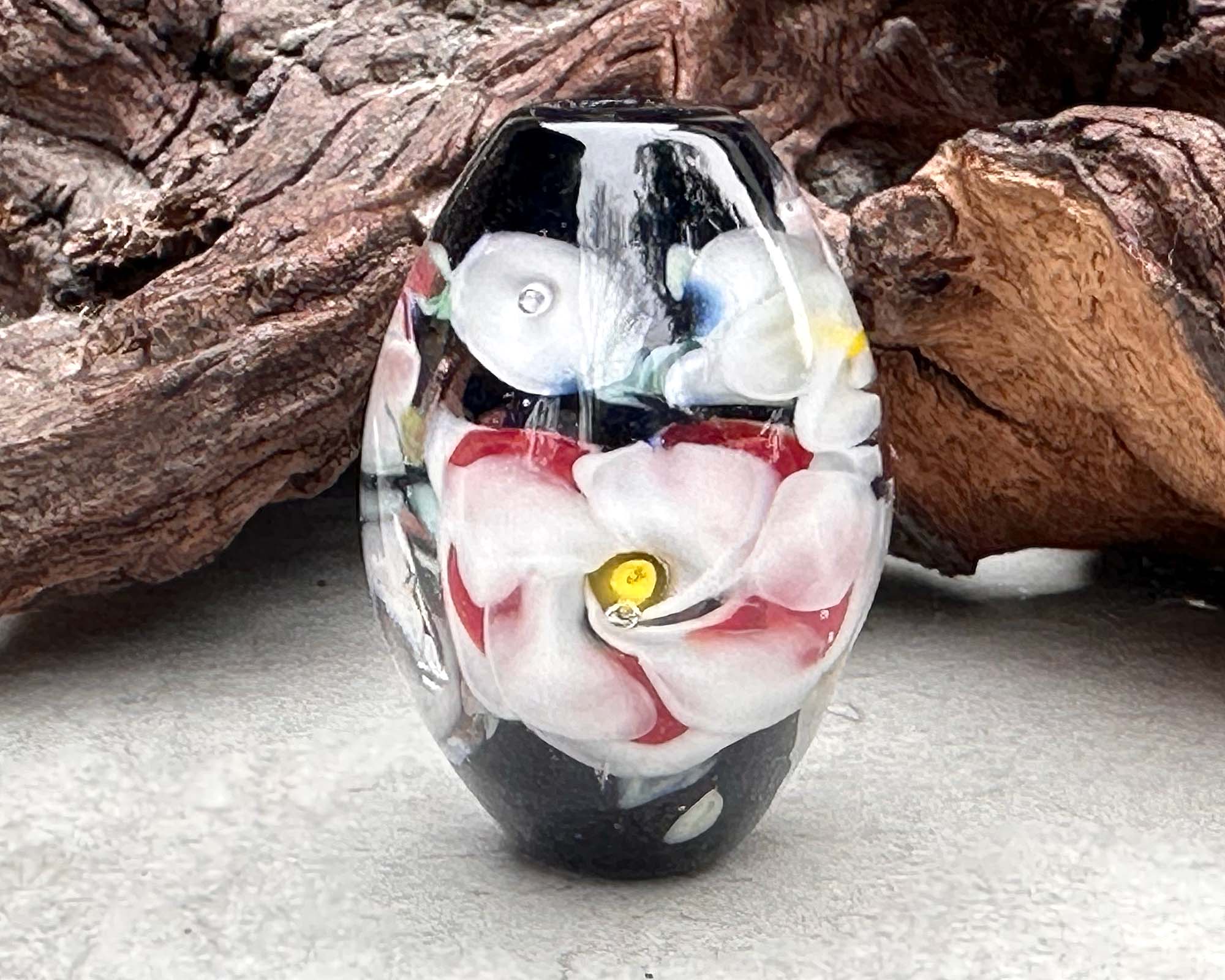 Handmade White & Red Floral Lampwork Glass Focal Bead for Jewelry Making - Perfect for Necklaces, Bracelets, and DIY Craft Projects
