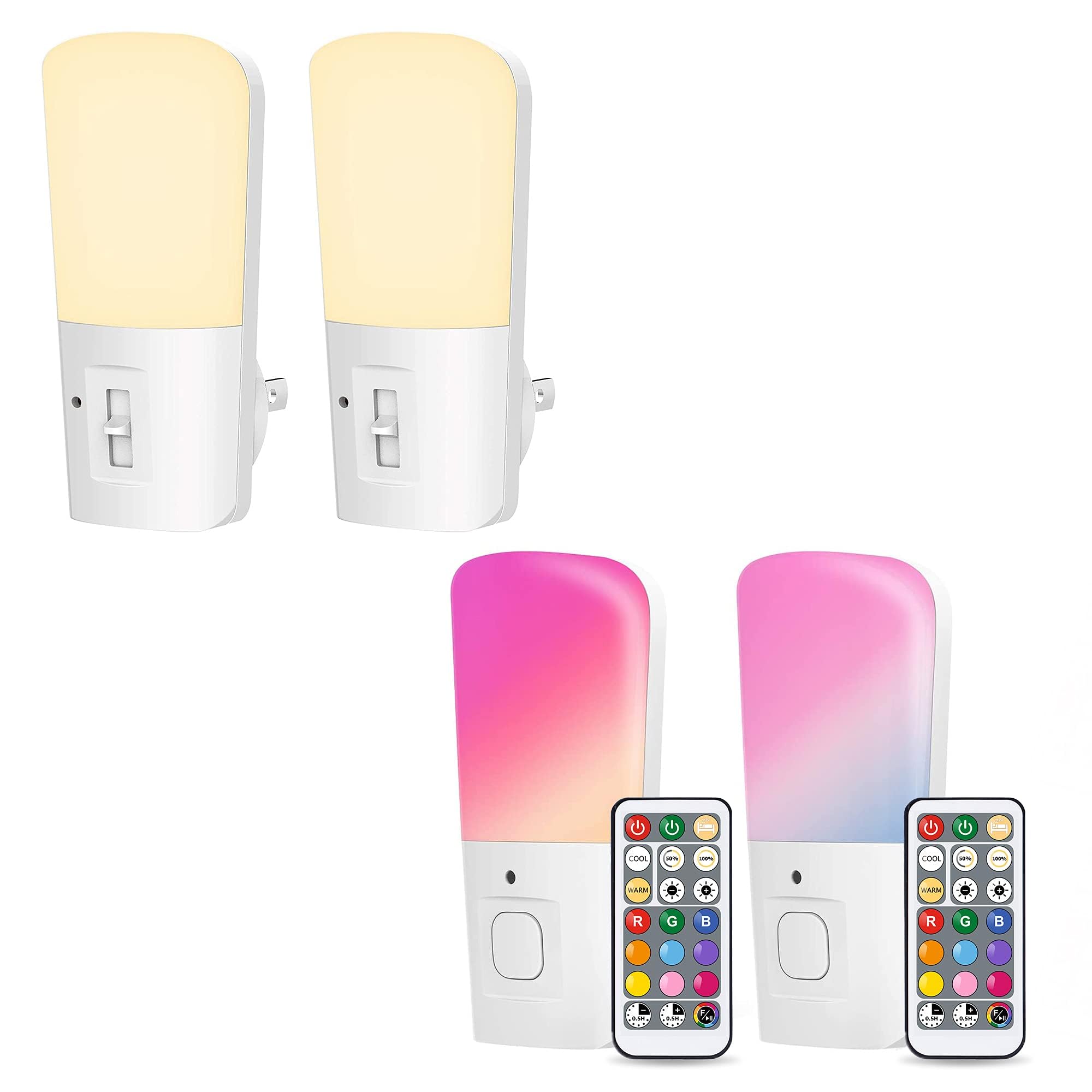 LOHAS Dimmable Plug-in Night Lights - 2 Pack 3000K LED with Dusk to Dawn Sensor & 2 Pack RGB 9-Color Changing Night Lights - Perfect for Kids Room, Nursery, Bedroom, Bathroom, Hallway, Kitchen - Create Cozy Ambiance for Sleep, Safety & Decoration (4 Pack)