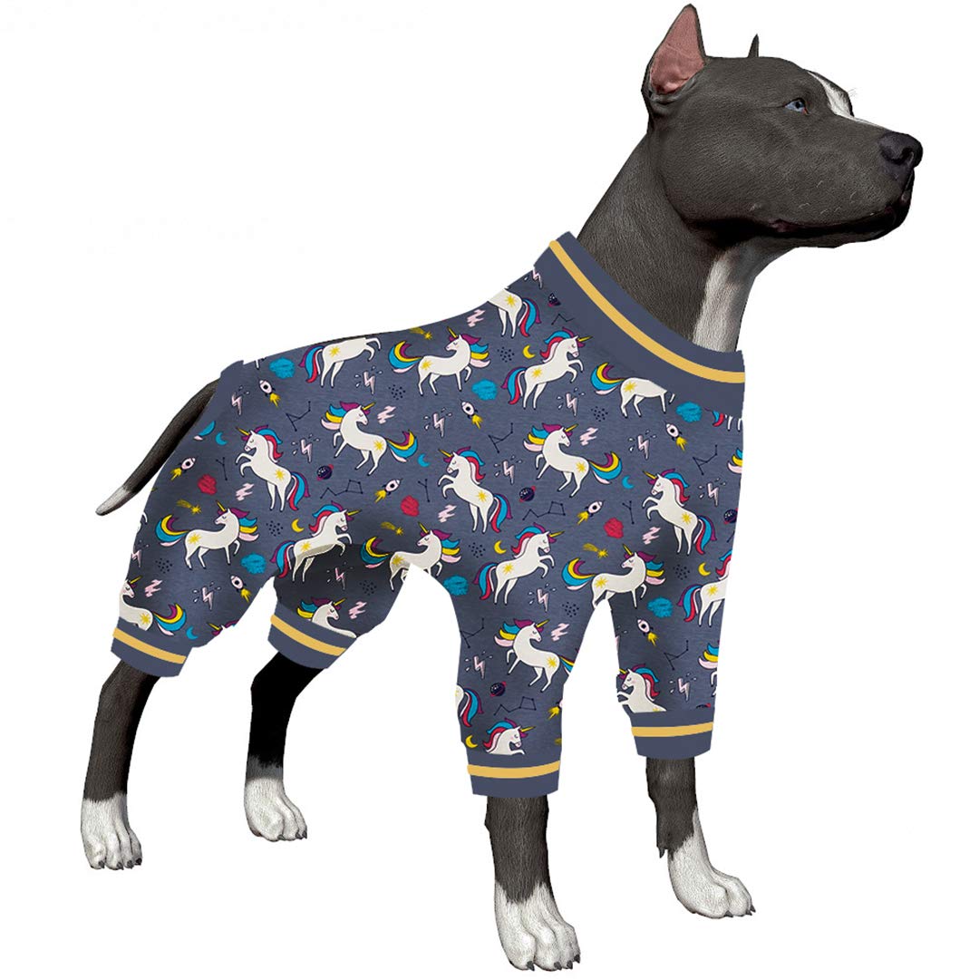 LovinPet Dog Shirt Pajamas for Pitbulls & Large Dogs - Slim Fit Unicorn Rocket Print Onesie with UV Protection | Anxiety Relief & Wound Care Pet Clothing for Indoor Comfort & Outdoor Adventures