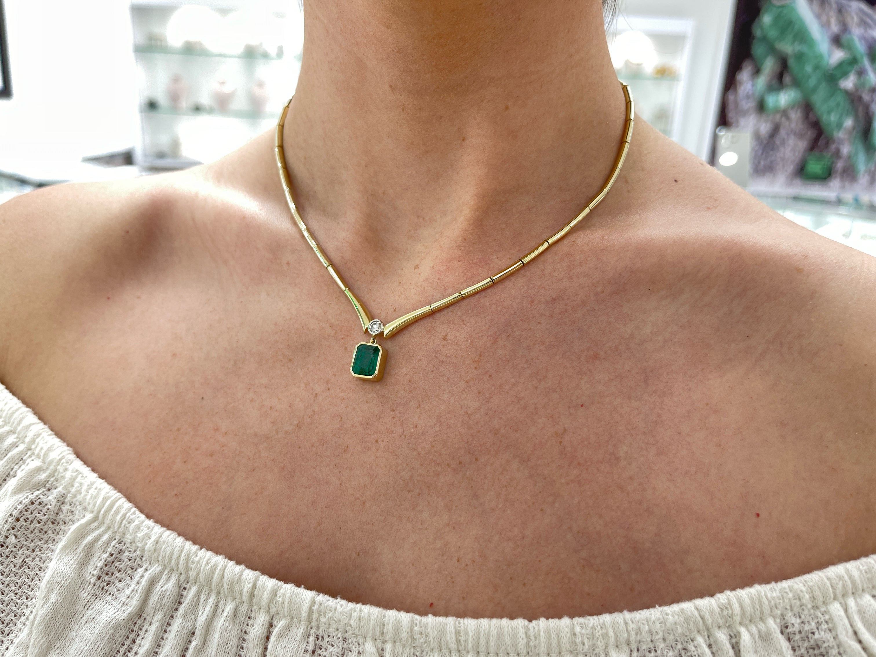 4.90 TCW Bezel-Set Emerald & Diamond Toi et Moi Statement Necklace - Elegant Jewelry for Weddings, Anniversaries & Special Occasions