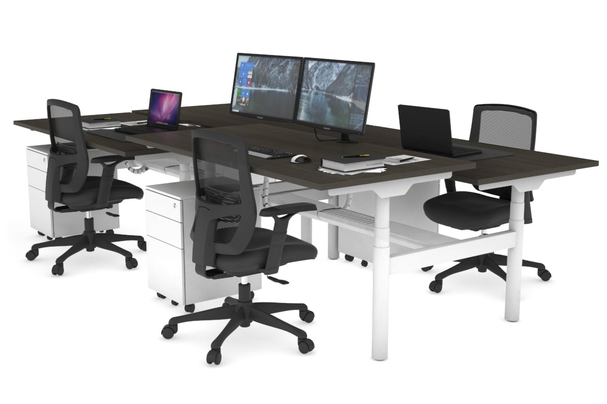 Flexi Premium Height Adjustable 4-Person H Bench Workstation - White Frame [1600L x 800W with Cable Management] - Ideal for Office, Coworking Spaces & Collaborative Work Environments