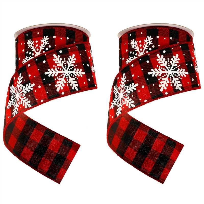 20 Yards Christmas Buffalo Plaid Ribbon with Snowflakes - 2 Rolls Red and Black Wired Craft Ribbon for DIY Gift Wrapping, Holiday Decorations, Tree Trimming and Party Favors (2.5 Inches Wide)