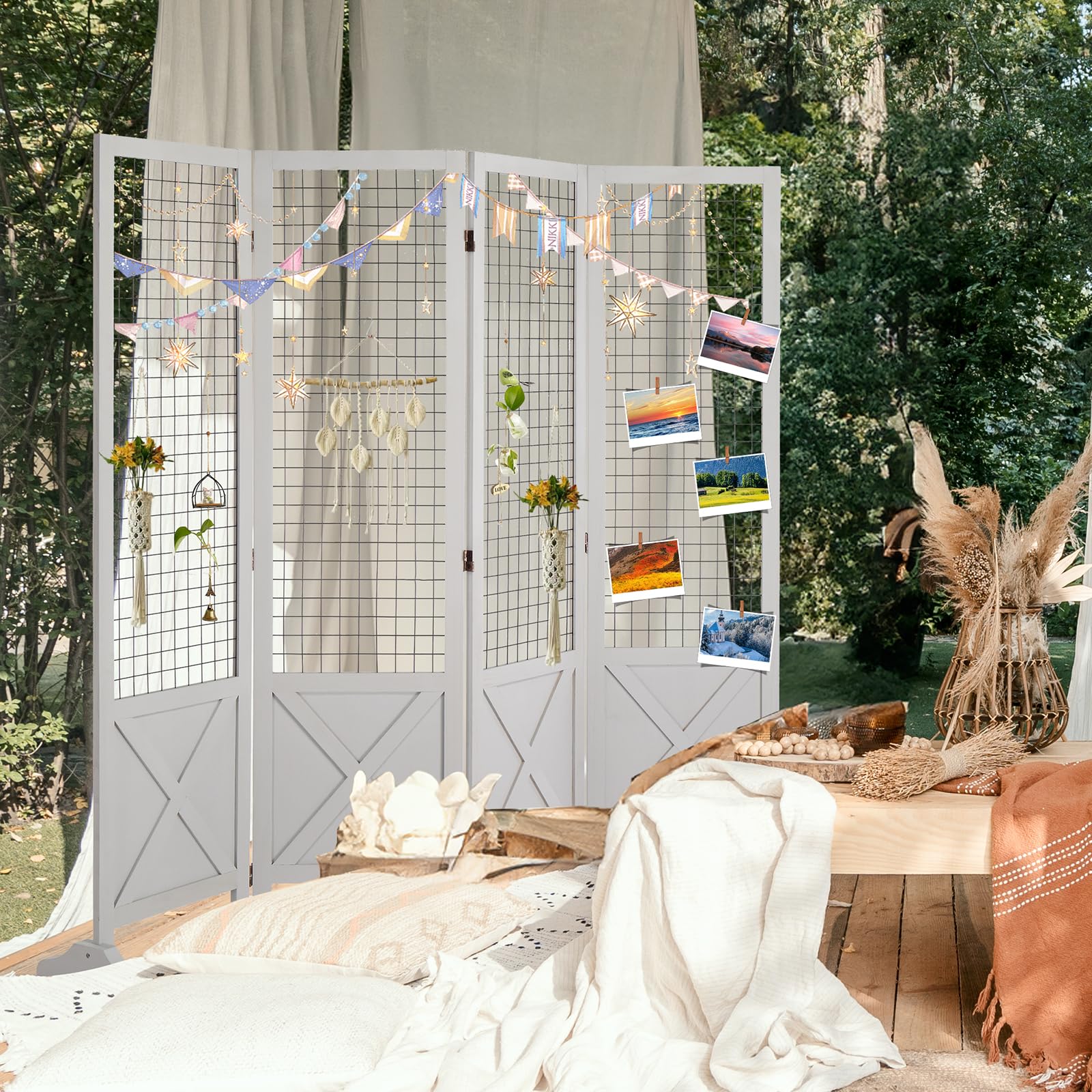VINGLI 4 Panel Freestanding Room Divider - 5'×5' White Gridwall Display Board with Wooden Frame & Base Feet - Perfect for Craft Shows, Retail Stores, Events, and Home Office Organization