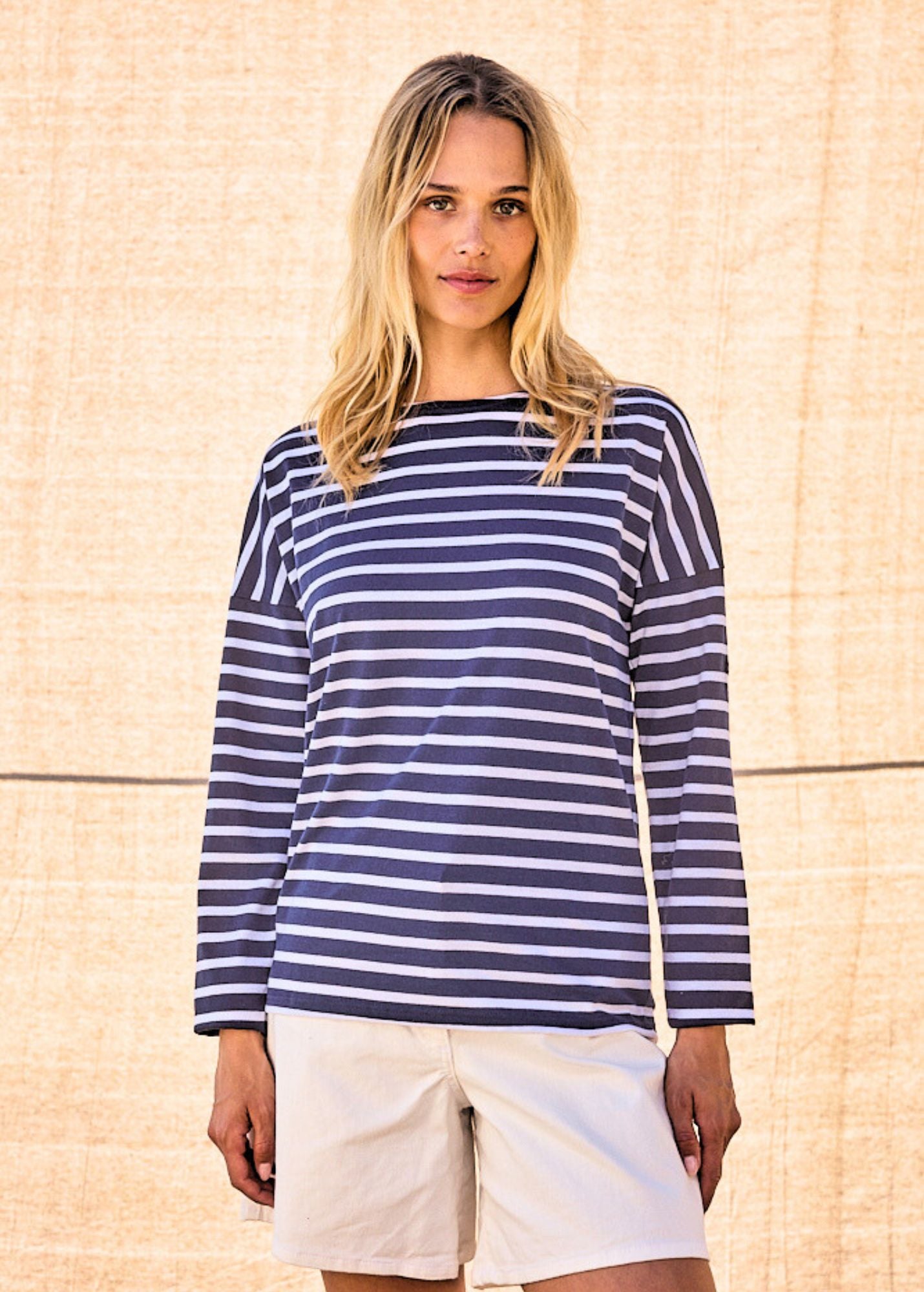 MINQUIERS DROP II Drop Shoulder Breton Striped Shirt for Men | Soft 100% Cotton | Relaxed Straight Fit | Navy & White Stripes | Casual Wear for Beach, Office & Everyday Outfits