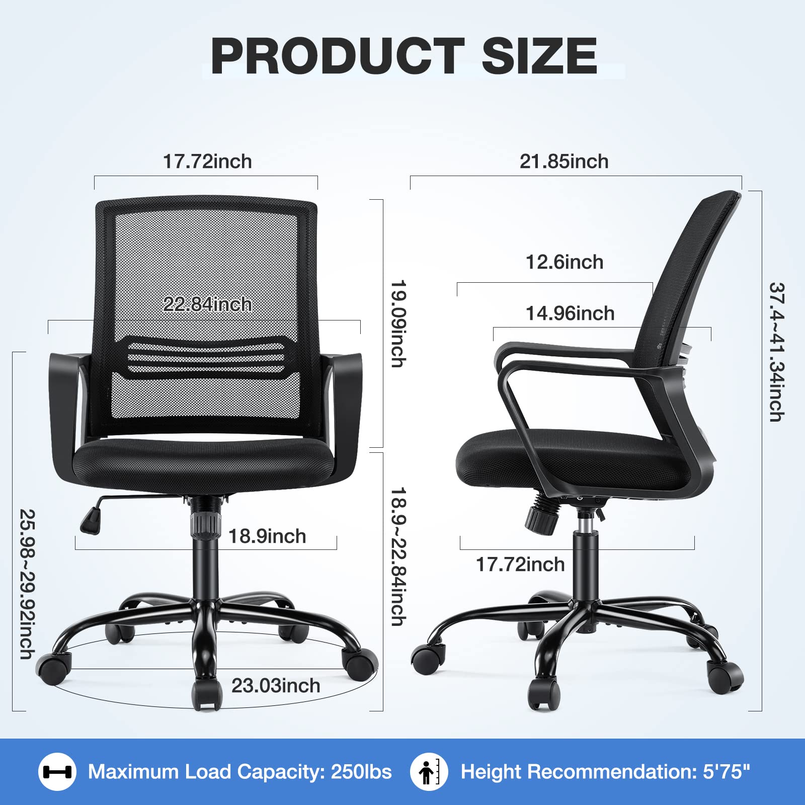 Ergonomic Office Chair with Wheels & Lumbar Support - Adjustable Mid Back Computer Desk Chair with Armrests for Home & Work - Comfortable Task Chair for Long Hours Sitting (Black) - Perfect for Home Office, Gaming & Workspaces