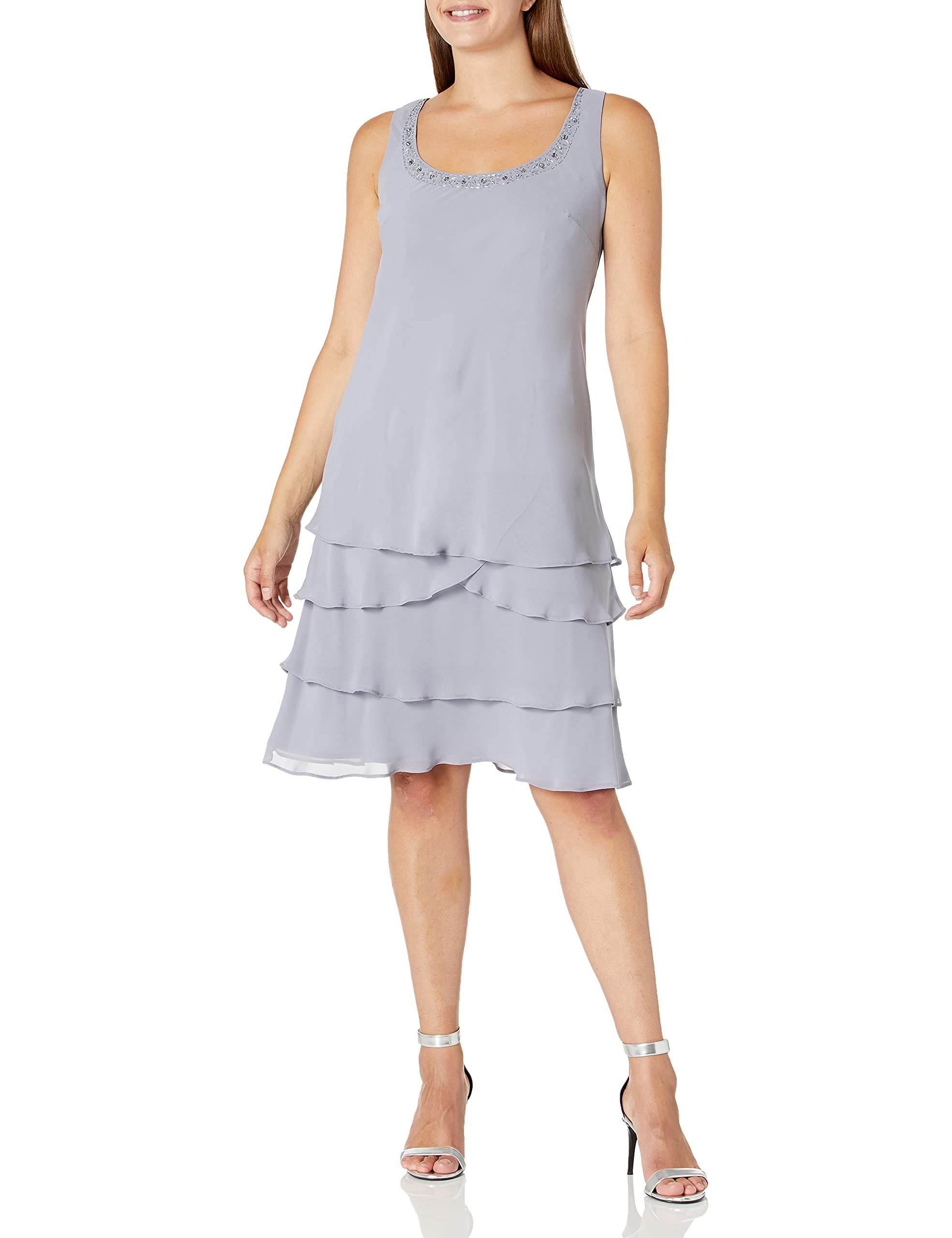 Elegant Women's Mother of The Bride Tiered Jacket Dress with Shoulder Embellishment - Petite & Regular Sizes | Formal Wedding Guest Outfit for Special Occasions