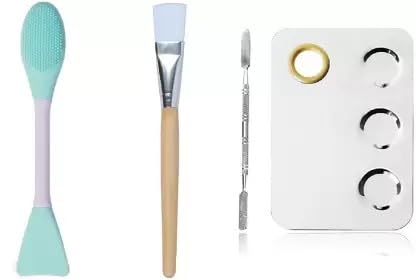 Long-Lasting Flat Face Pack Brush & Silicone Face Scrubber Set with Mixing Palette & Spatula - 4 Piece Professional Makeup Brush Kit for Smooth Foundation & Exfoliation - Perfect for Home Spa & Beauty Routines