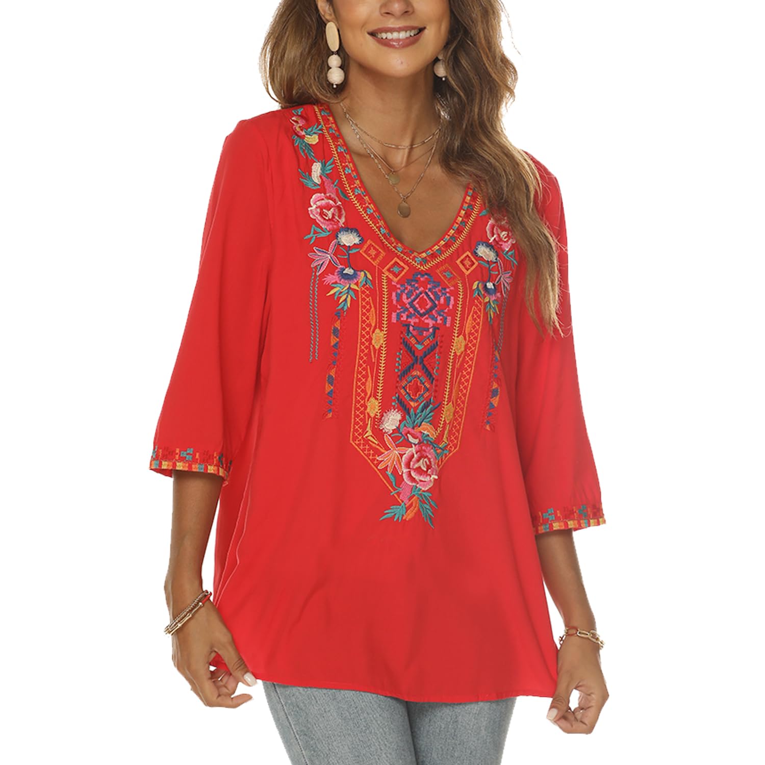 Higustar Women's Mexican Embroidered Bohemian Blouse - 3/4 Sleeve Peasant Top, Boho Tunic Shirt, Hippie Style Fiesta Clothing for Casual Wear, Music Festivals & Beach Vacations