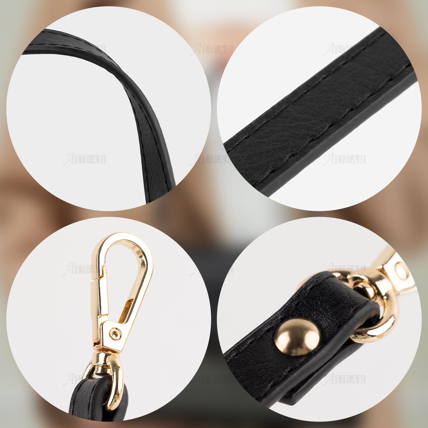 AUEAR 2 Pack Black Leather Replacement Straps for Small Handbags & Purses - Adjustable Shoulder Strap with Gold Lock Clasp - Perfect for Evening Bags, Crossbody Bags & Fashion Accessories
