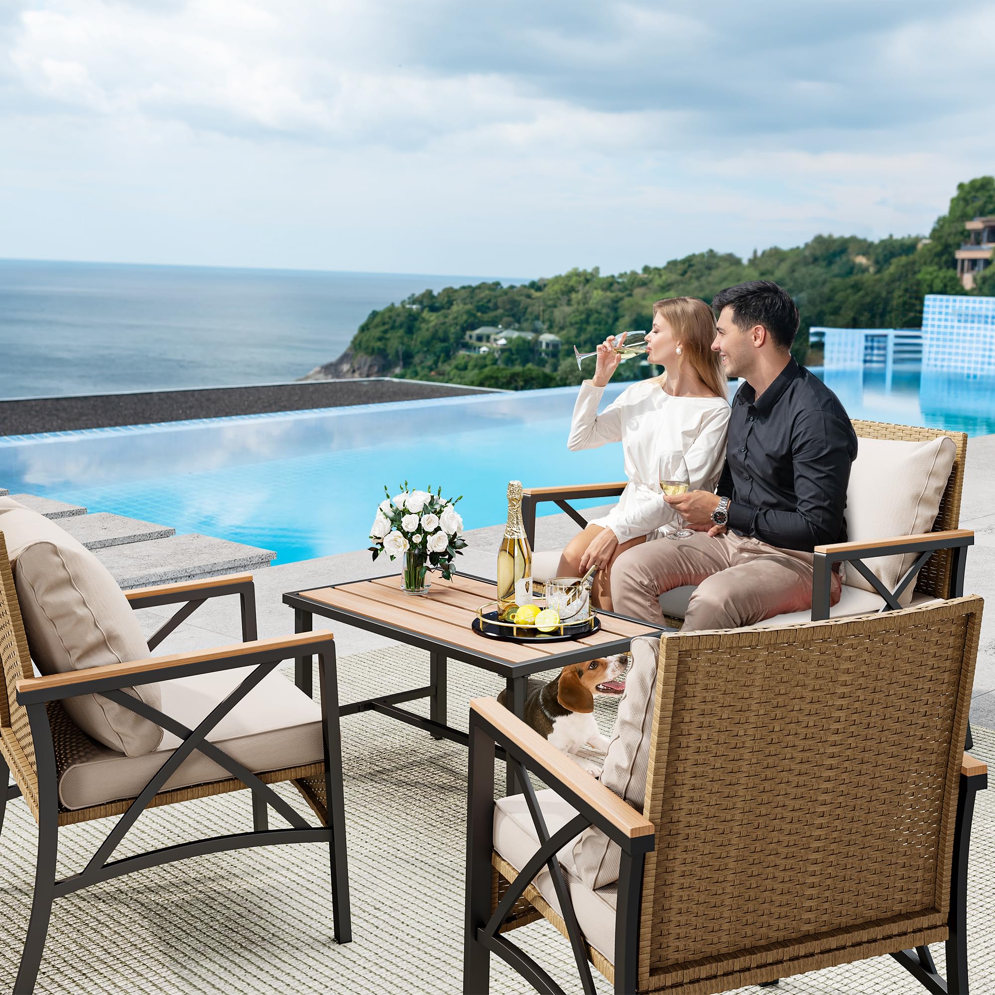 YITAHOME 4-Piece All-Weather Wicker Patio Furniture Set with Wood Armrests, Rattan Outdoor Conversation Set for Backyard, Balcony, Deck - Includes Soft Cushions & Durable Plastic Wood Table (Light Brown & Beige) | Perfect for Garden Relaxation, Poolside Lounging & Outdoor Entertaining