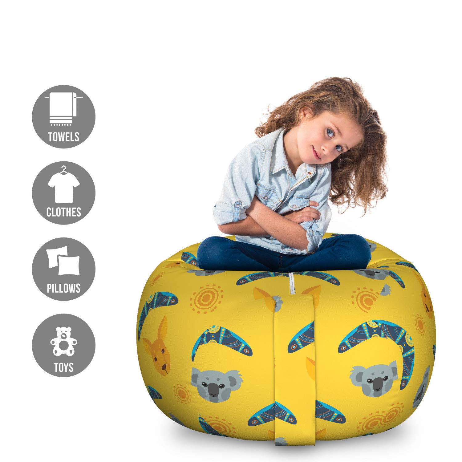 Ambesonne Kangaroo Storage Toy Bag Chair - Australian Aboriginal Pattern with Boomerang & Koala Bear Design, Large Washable Stuffed Animal Organizer for Kids Room, Playroom & Nursery - Multicolor