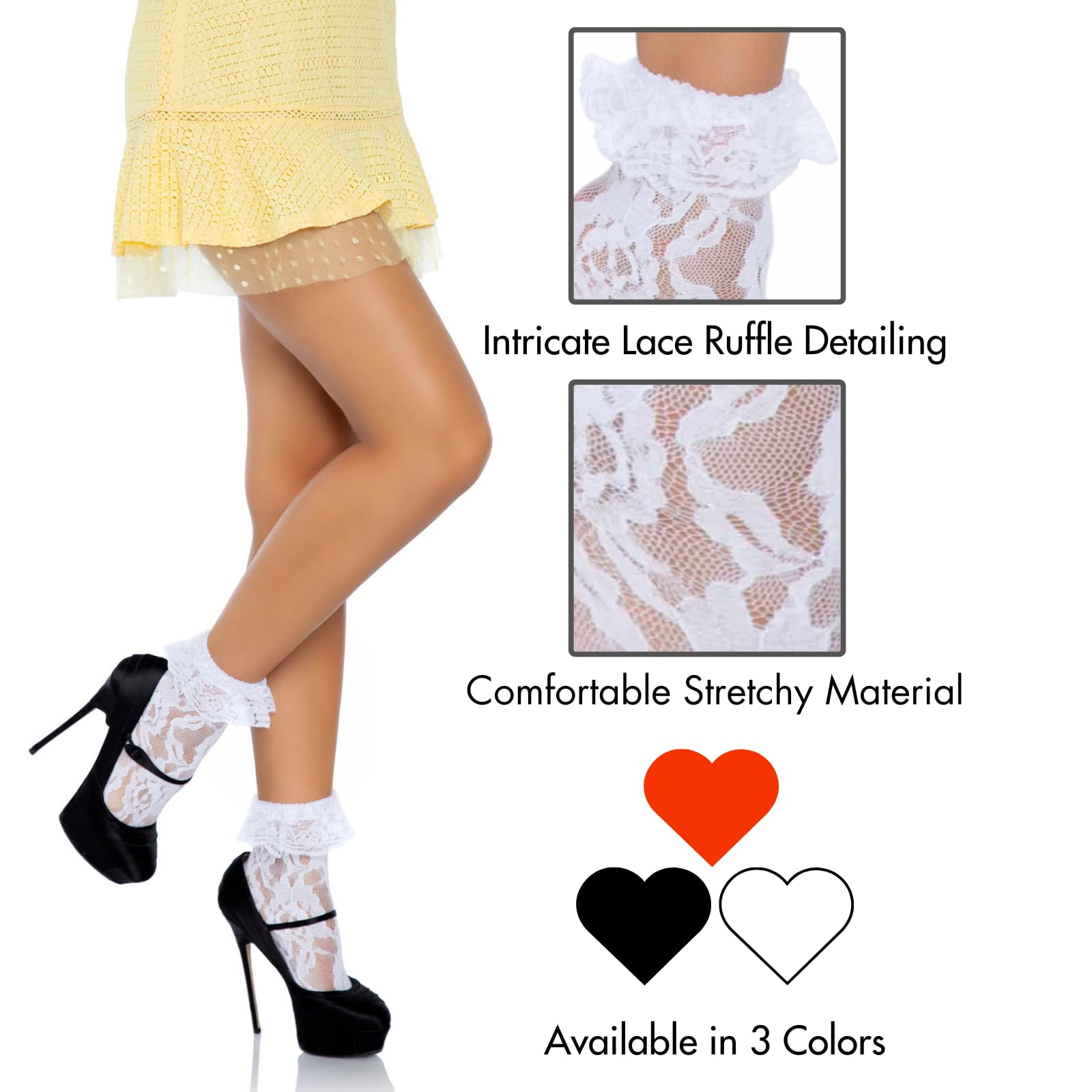 Leg Avenue Women's Ruffle Cuff Lace Anklet Socks - Elegant Fashion Socks for Casual Wear, Date Night & Special Occasions