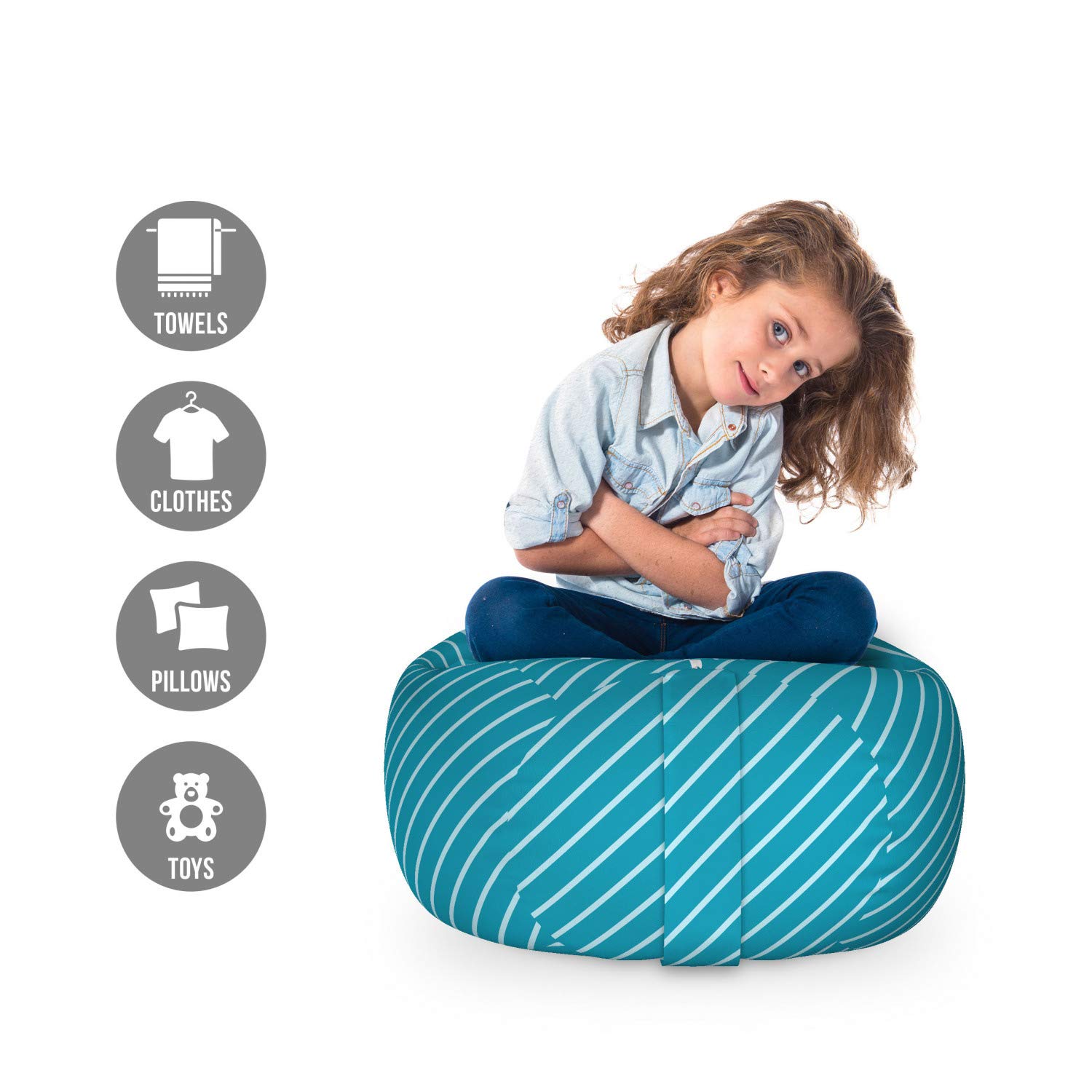 Ambesonne Geometric Toy Storage Bag Chair - Diagonal Striped Pattern in Mediterranean Blue & Teal | Washable Stuffed Animal Organizer for Kids' Room | Perfect for Nursery, Playroom & Travel Adventures