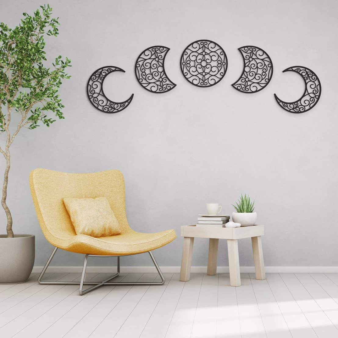 Bnesi 5Pcs Moon Phase Wall Decor - 12 Inch Spiritual Boho Bedroom Hanging Decorations for Home, Black | Perfect for Meditation Rooms, Yoga Spaces & Bohemian Home Decor