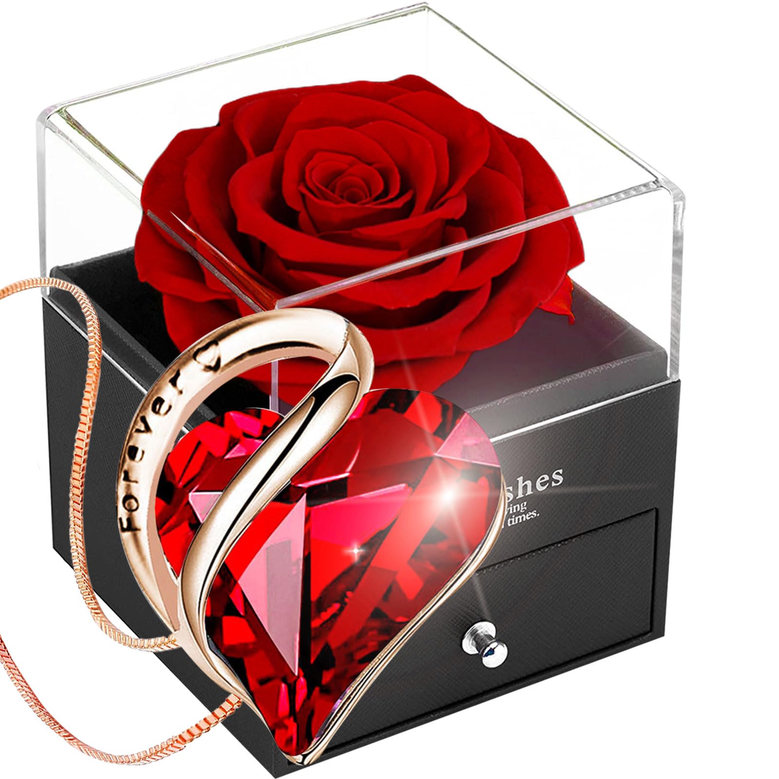 Preserved Rose Box with Red Crystal Necklace - Eternal Rose & 925 Sterling Silver Heart Pendant - Ruby Birthstone Jewelry - Enchanted Flower Garnet Gift for Women - Perfect for Mother's Day, Anniversary & Romantic Occasions