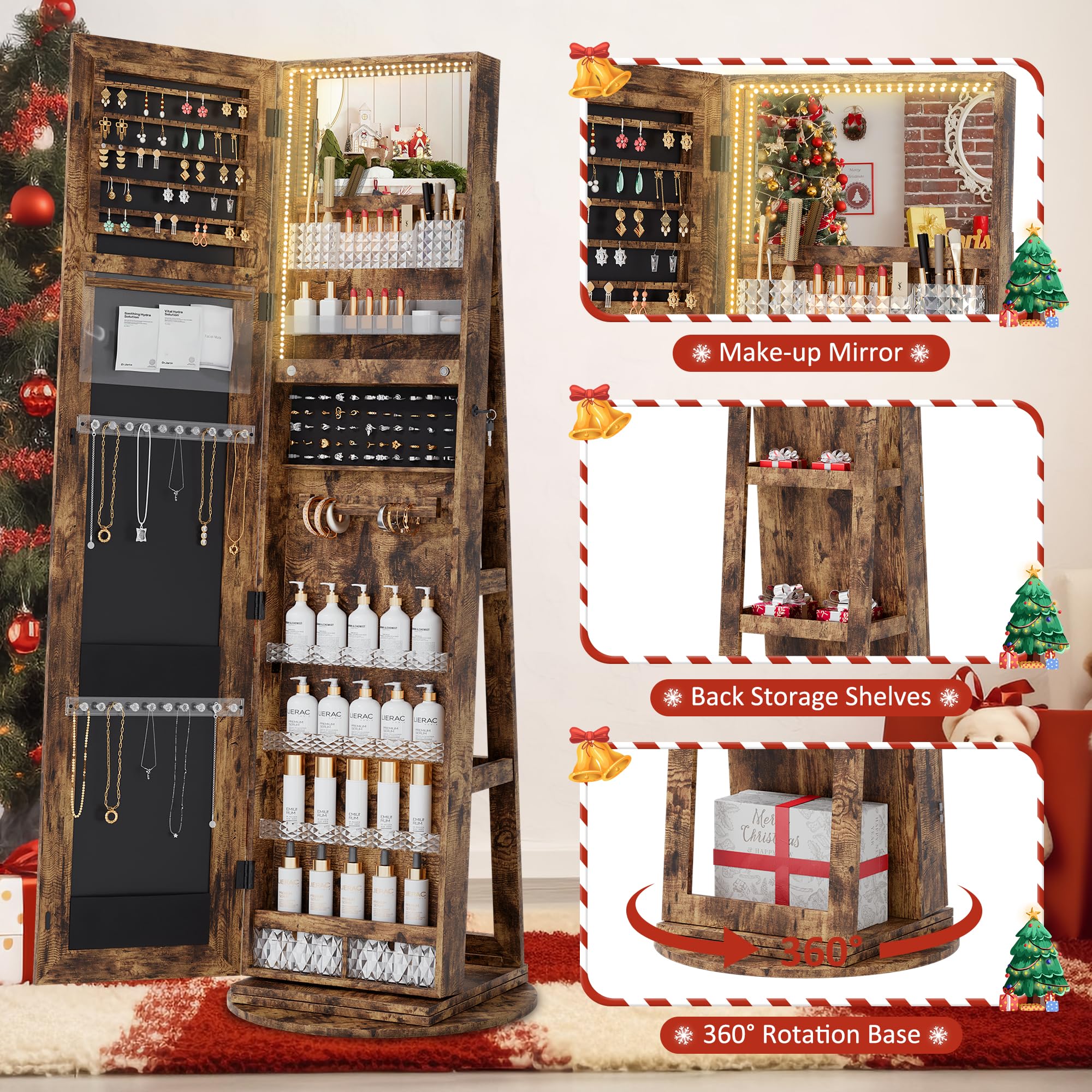 360° Swivel Mirror Jewelry Cabinet with LED Lights - Lockable Standing Jewelry Armoire Organizer with Storage Shelves for Bedroom, Bathroom & Dressing Room