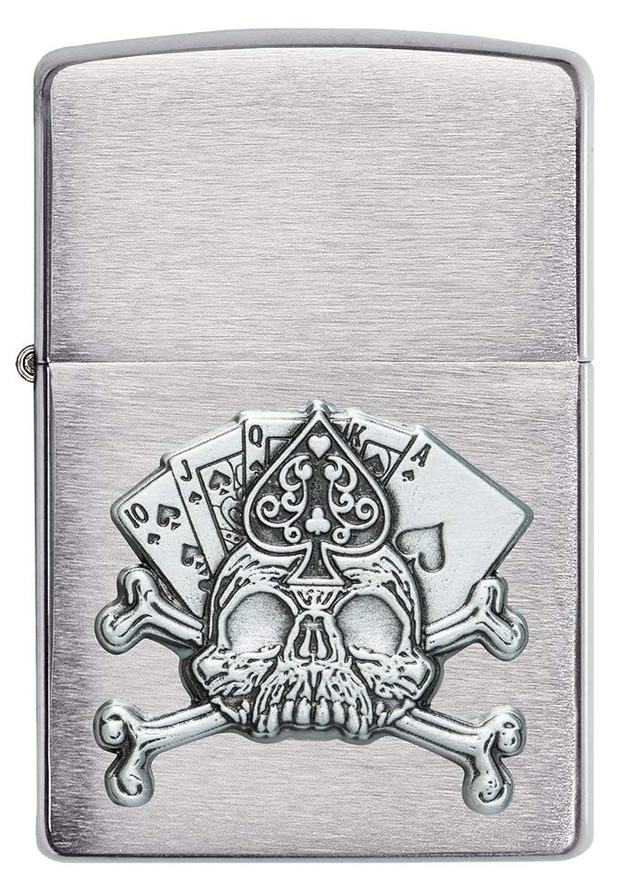 Zippo Brushed Chrome Pocket Lighter with Skull Emblem - Windproof Refillable Metal Lighter for Outdoor Camping, Hiking & Everyday Carry (One Size)