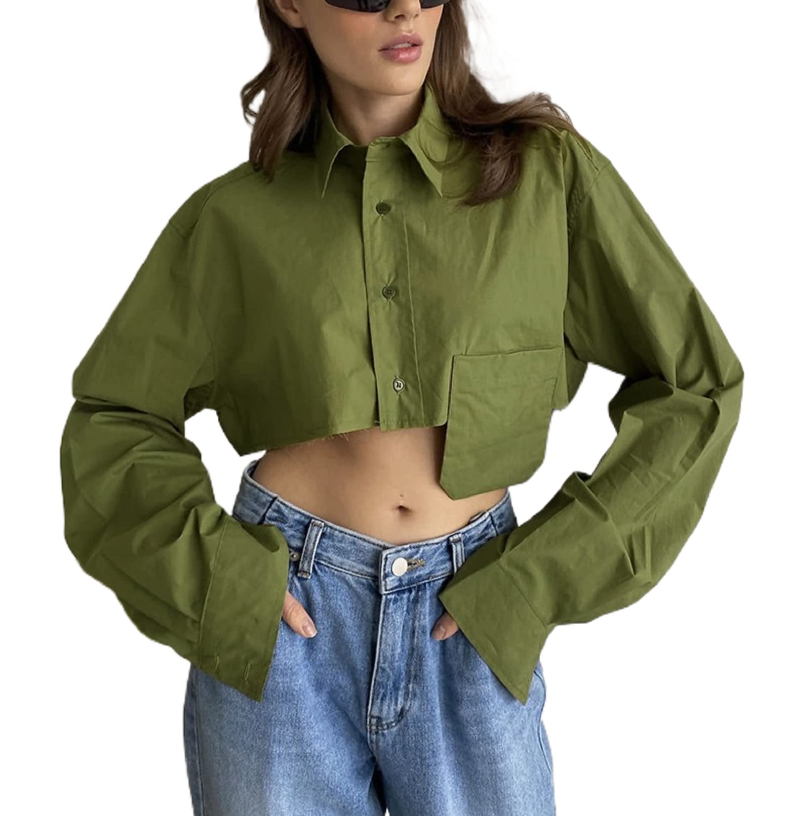 KMBANGI Women's Fashion Cropped Long Sleeve Button Down Shirt - Sexy Irregular Hem Collared Blouse Tee for Streetwear & Casual Outfits | Perfect for Date Night, Club Wear and Everyday Style