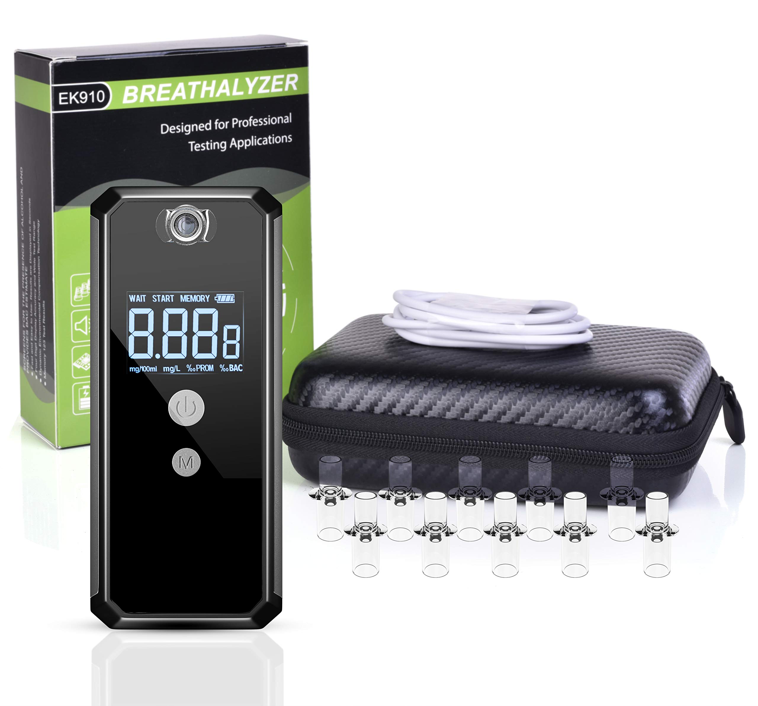 Professional Fuel Cell Sensor Breathalyzer - High Accuracy USB Rechargeable Alcohol Tester for Police & Personal Use | Includes 10 Mouthpieces | Perfect for Law Enforcement, Workplace Testing & Home Safety