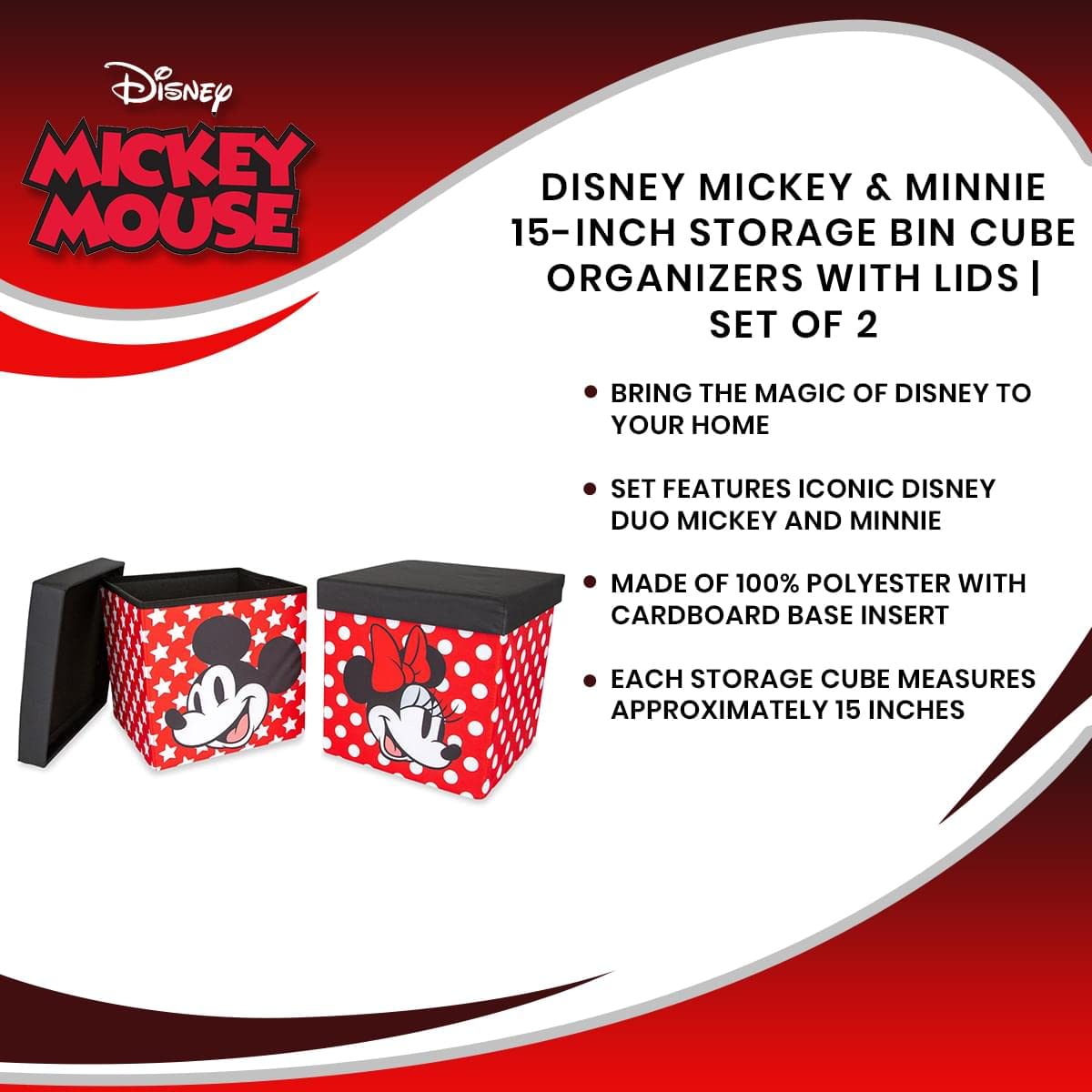Disney Mickey & Minnie 15-Inch Fabric Storage Bins with Lids - Set of 2 | Closet Organizer Cubes, Playroom Storage Baskets, Home Decor | Perfect for Kids' Room, Toy Storage & Gift Organization