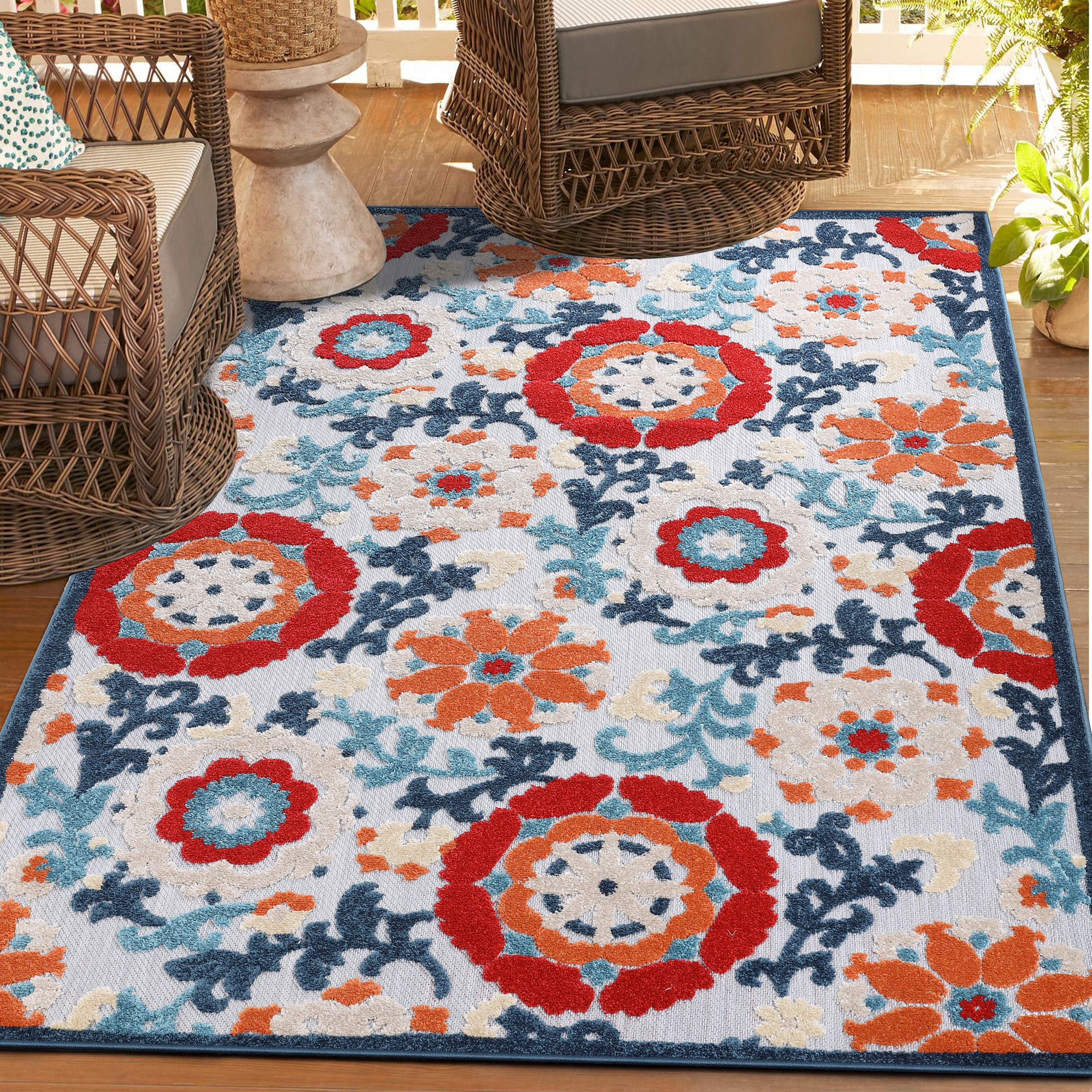 Vintage Petunia Floral Scroll Indoor/Outdoor Area Rug - Perfect for Living Room, Bedroom, Patio & Home Decor