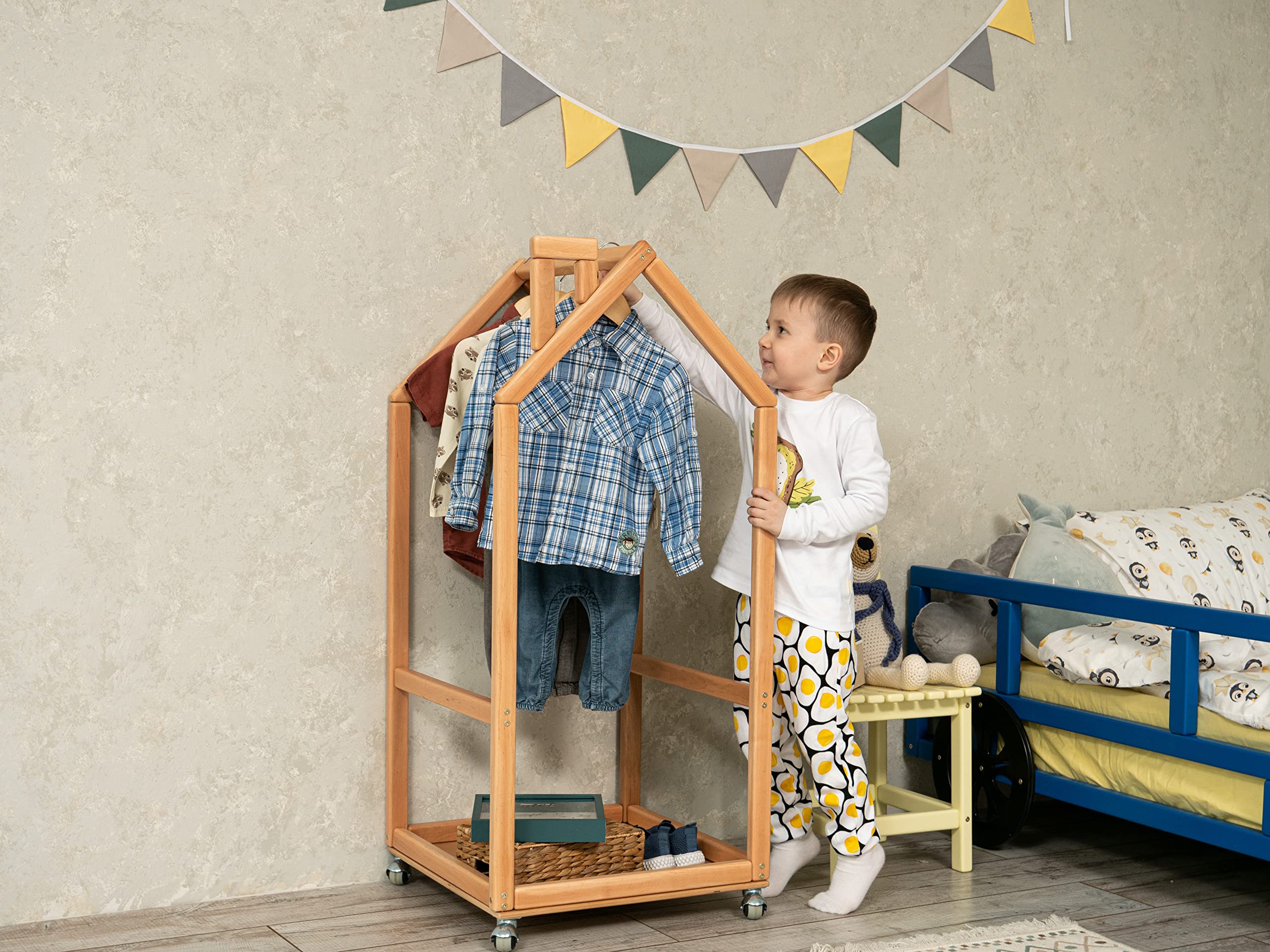 BUSYWOOD Kids Clothes Rack - Adjustable Wooden Toddler Wardrobe with Wheels | Montessori Clothing Organizer & Storage for Children's Clothes | Perfect for Bedroom, Playroom & Daycare Organization