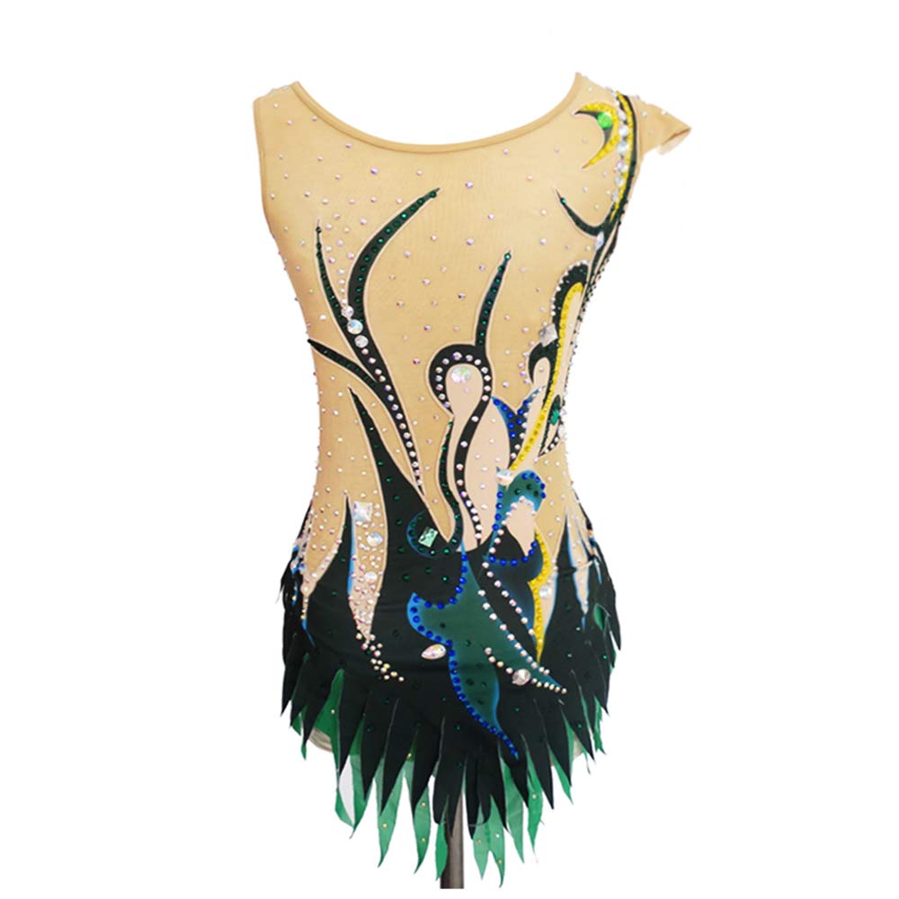 LIUHUO Girls Rhythmic Gymnastics Leotard - Emerald Green Shiny Rhinestone Performance Costume for Dance Competitions & Stage Shows