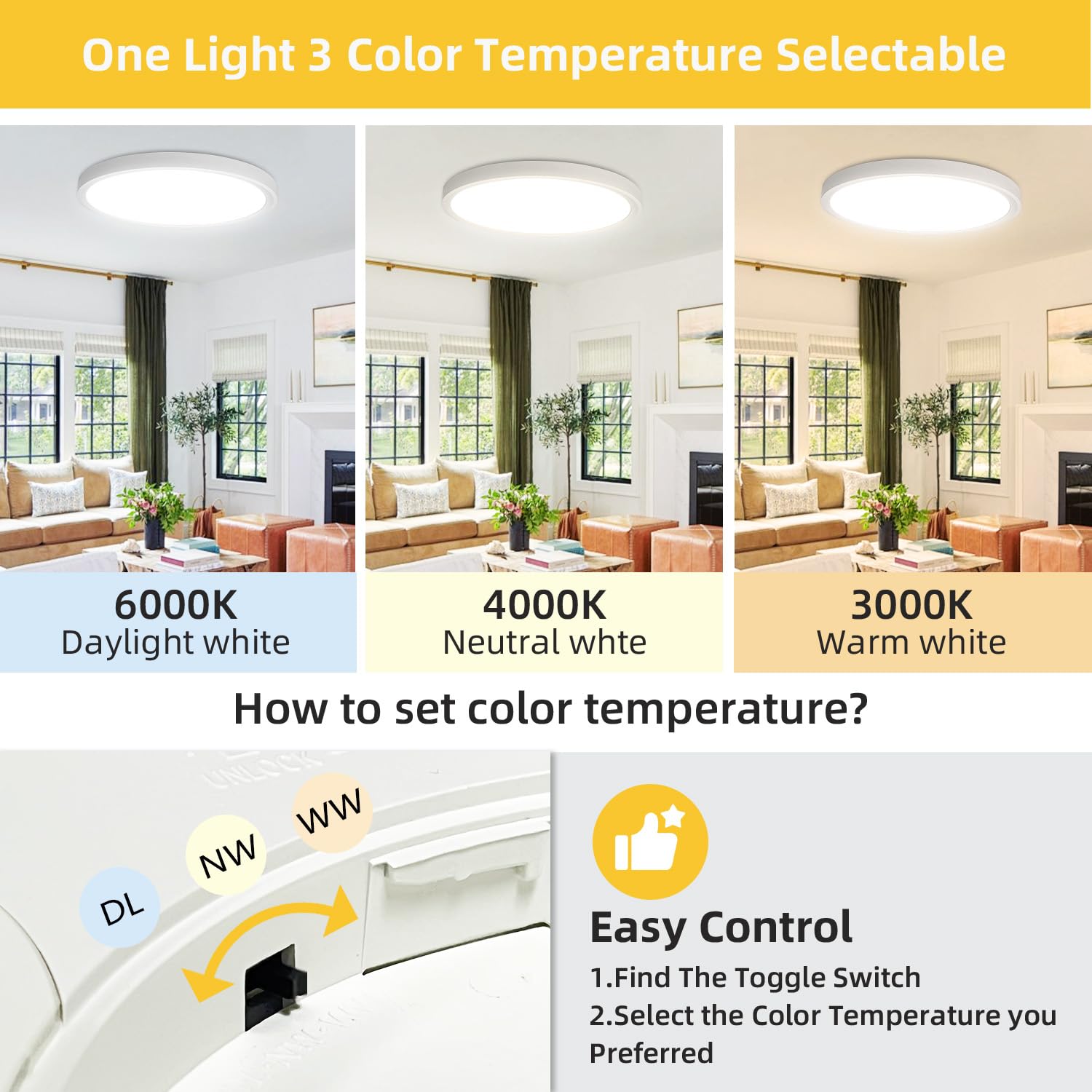 4 Pack 12 Inch Ultra-Slim Low Profile LED Ceiling Light Fixture - Dimmable Round Flat Panel Light with 3 Color Temperatures (3000K/4000K/5000K) - Perfect for Bedroom, Living Room, Hallway, Bathroom and Kitchen Lighting