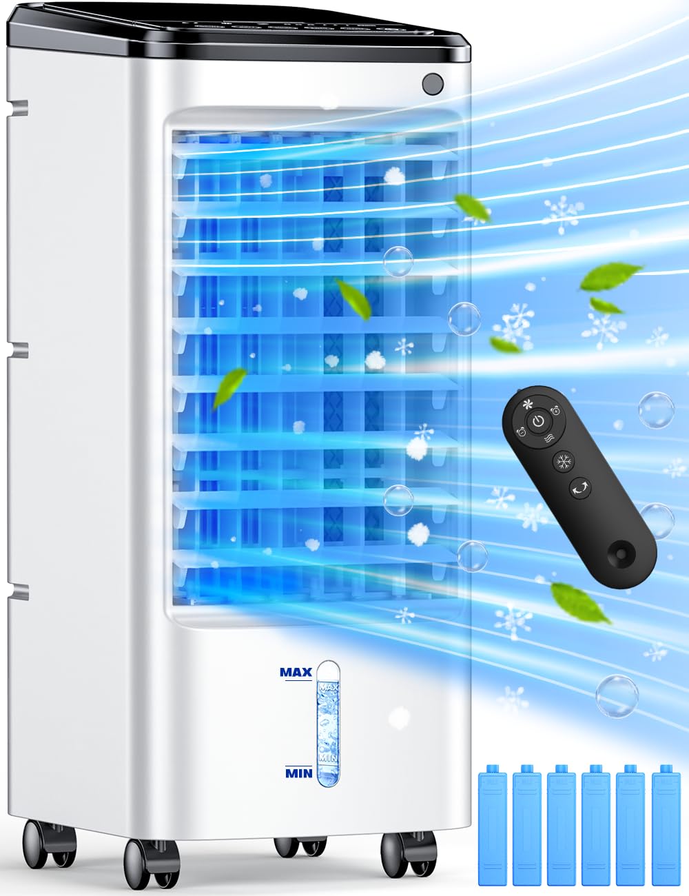 Portable Evaporative Air Cooler with 12H Auto-Off Timer, 6 Ice Packs & Smart Remote - 3-Speed Windowless Swamp Cooler for Bedroom, Office & Outdoor Use