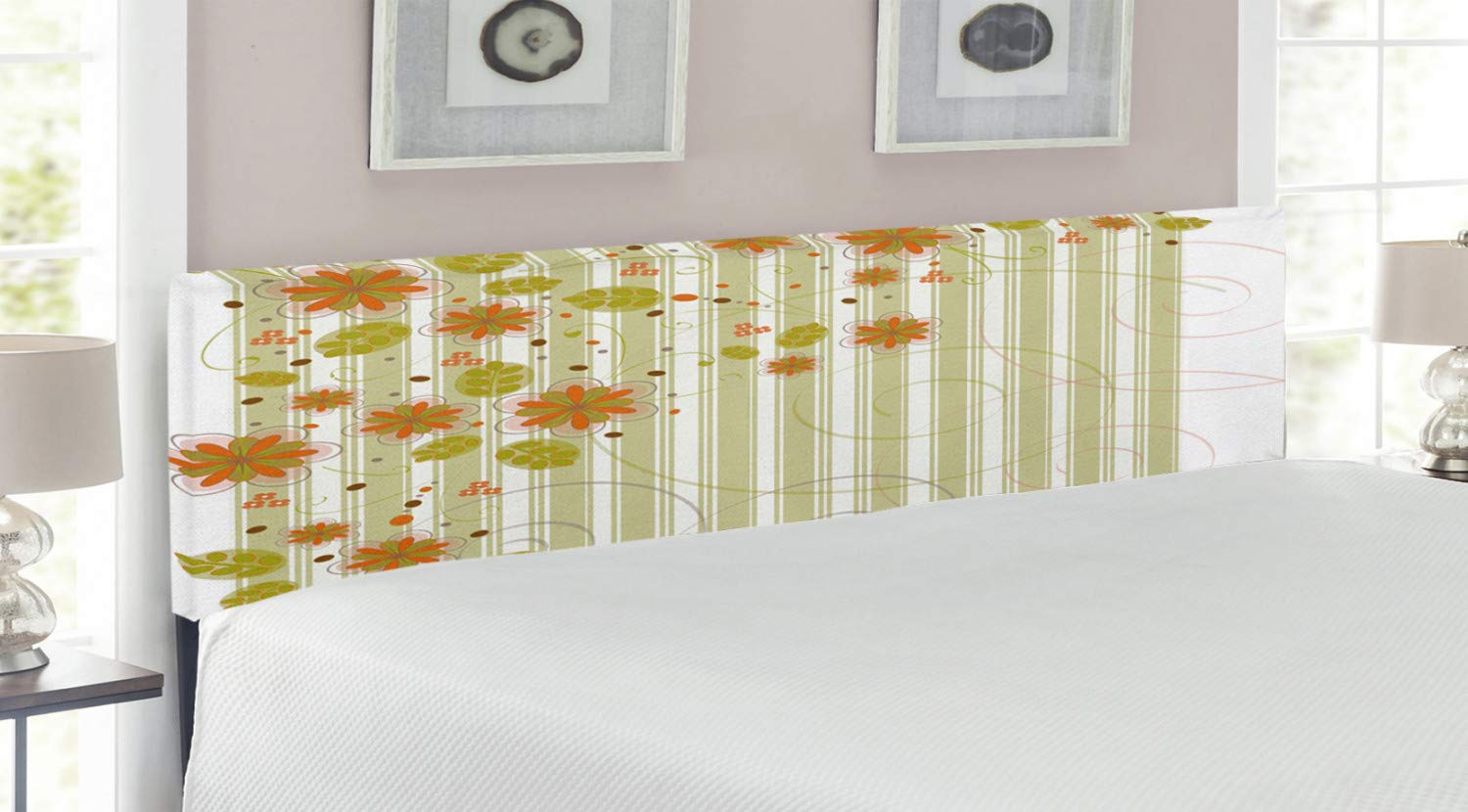 Ambesonne Floral King Size Headboard - Retro Spring Flowers & Swirled Branches Design on Striped Background, Upholstered Decorative Metal Bed Frame with Memory Foam (Green, Orange, White) for Bedroom Decor & Guest Room Makeover