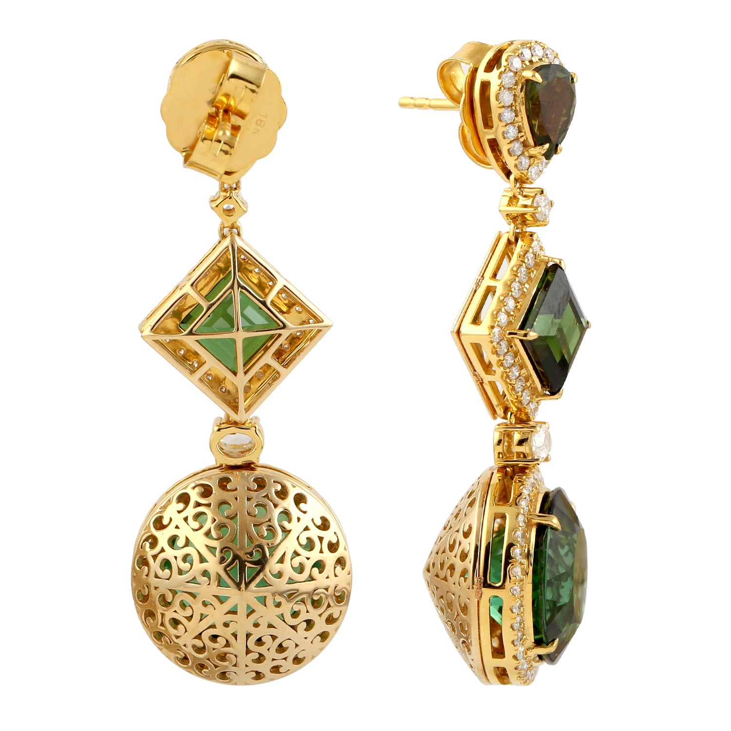 18K Yellow Gold Green Tourmaline Gemstone Pave Diamond Drop Dangle Earrings for Women - Perfect for Weddings, Parties & Special Occasions