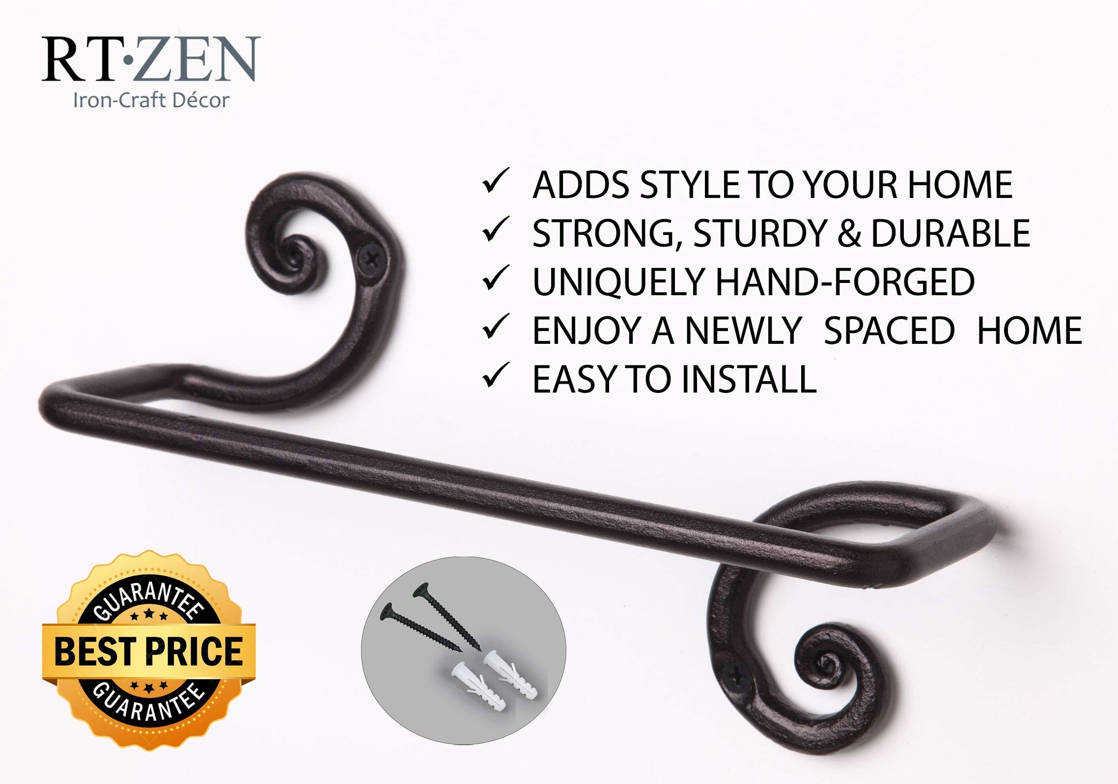 RTZEN Wrought Iron Bathroom Accessories Set - Decorative Hand Towel Bar, Body Towel Hanger & Toilet Paper Holder | Rustic Bathroom Decor for Home & Hotel Use