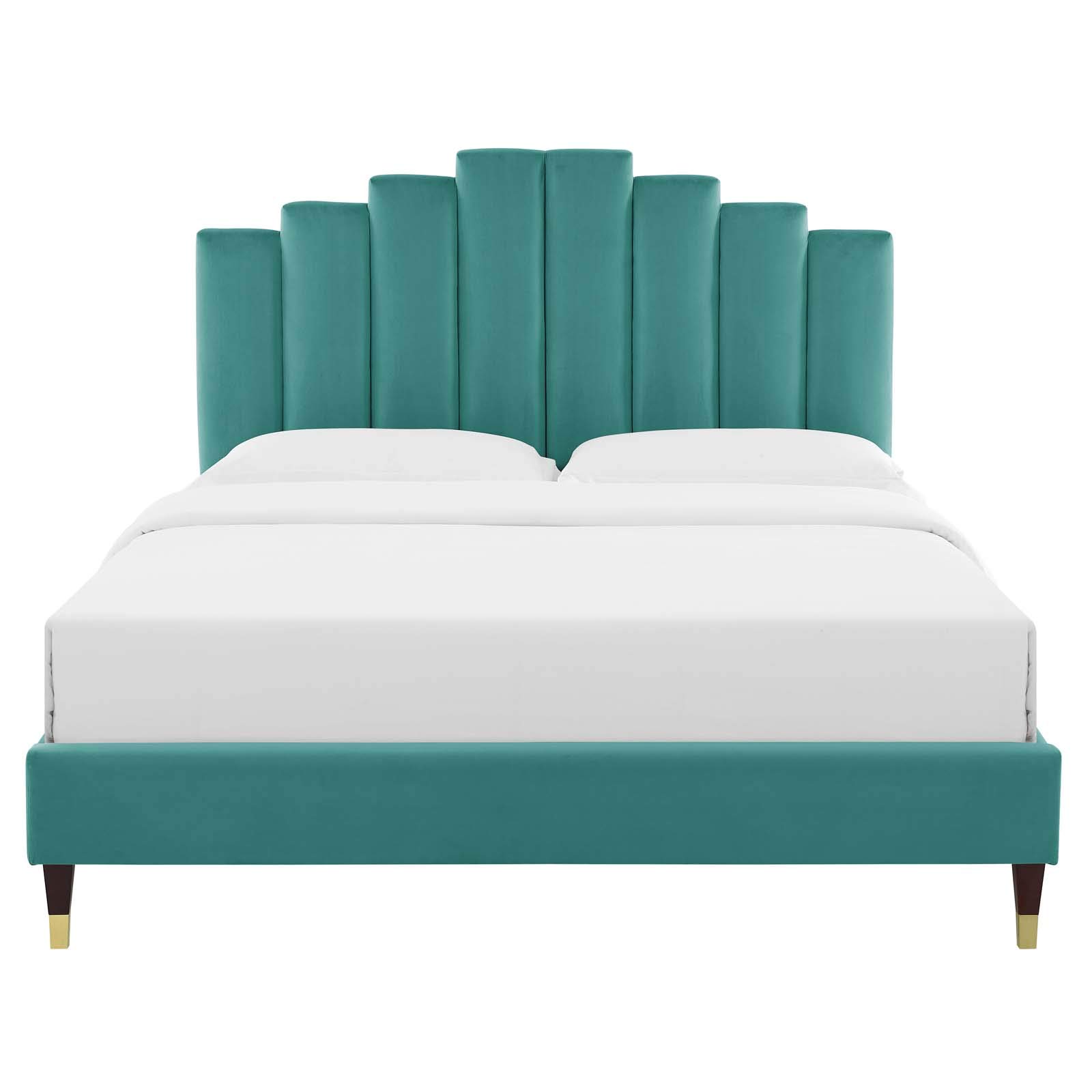 Modway Elise Channel Tufted Performance Velvet Full Platform Bed - Teal Upholstered Bed Frame with Gold Metal Legs | Modern Bedroom Furniture for Master Bedroom, Guest Room & Apartment