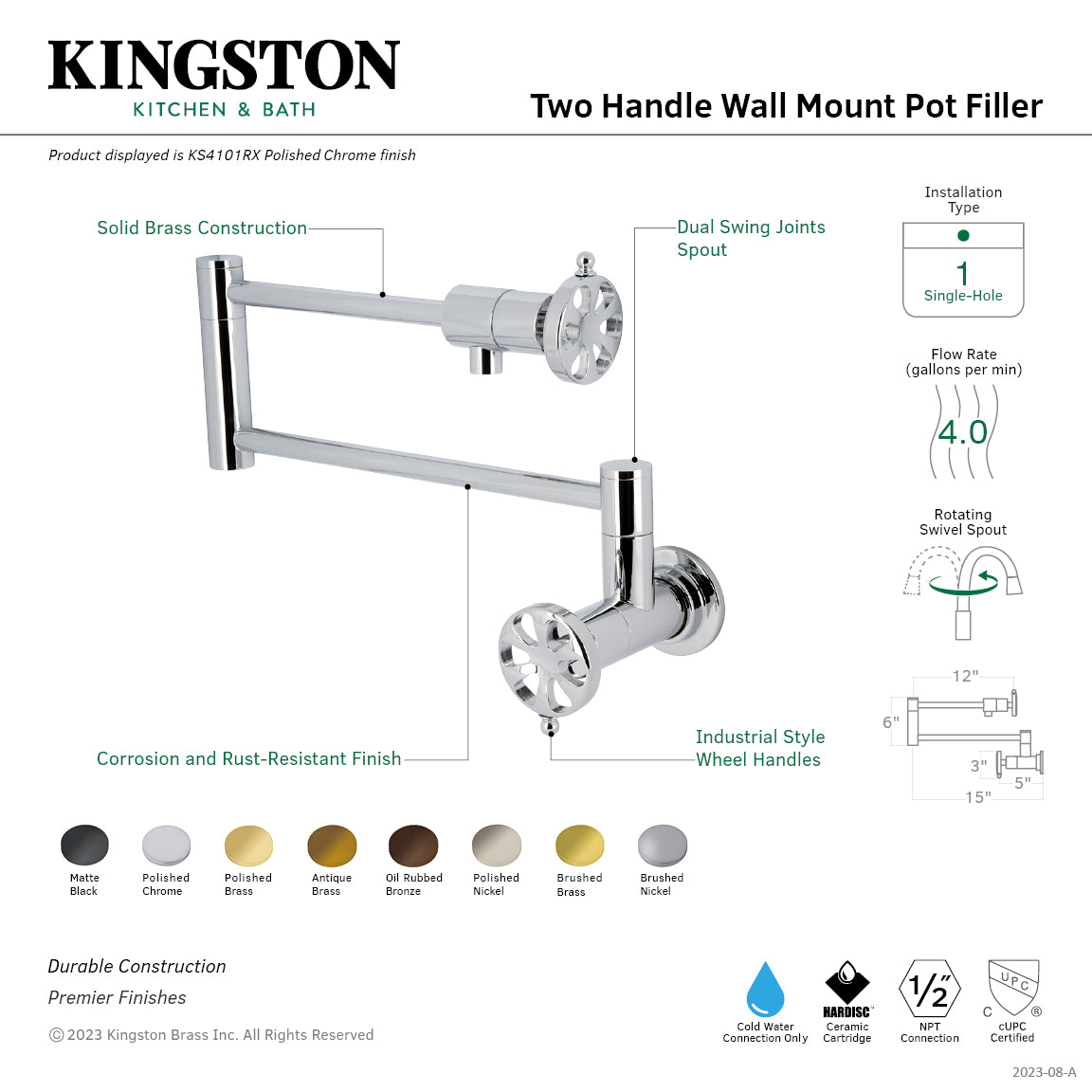 Belknap KS4106RX Two Handle Wall Mount Pot Filler Faucet - Polished Nickel Finish - Ideal for Kitchen Sink, Stove & Cooking Area