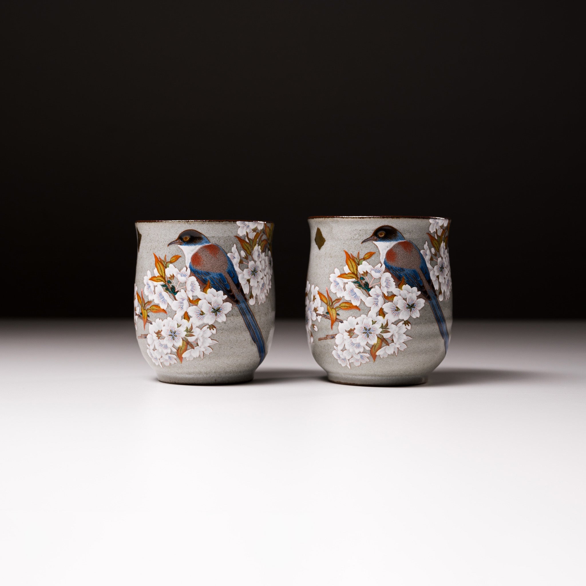 Kutani Ware Pair Yunomi Tea Cups - Grey Kacho Japanese Ceramic Tea Set for Matcha & Green Tea | Traditional Hand-Painted Design for Home, Office & Tea Ceremonies